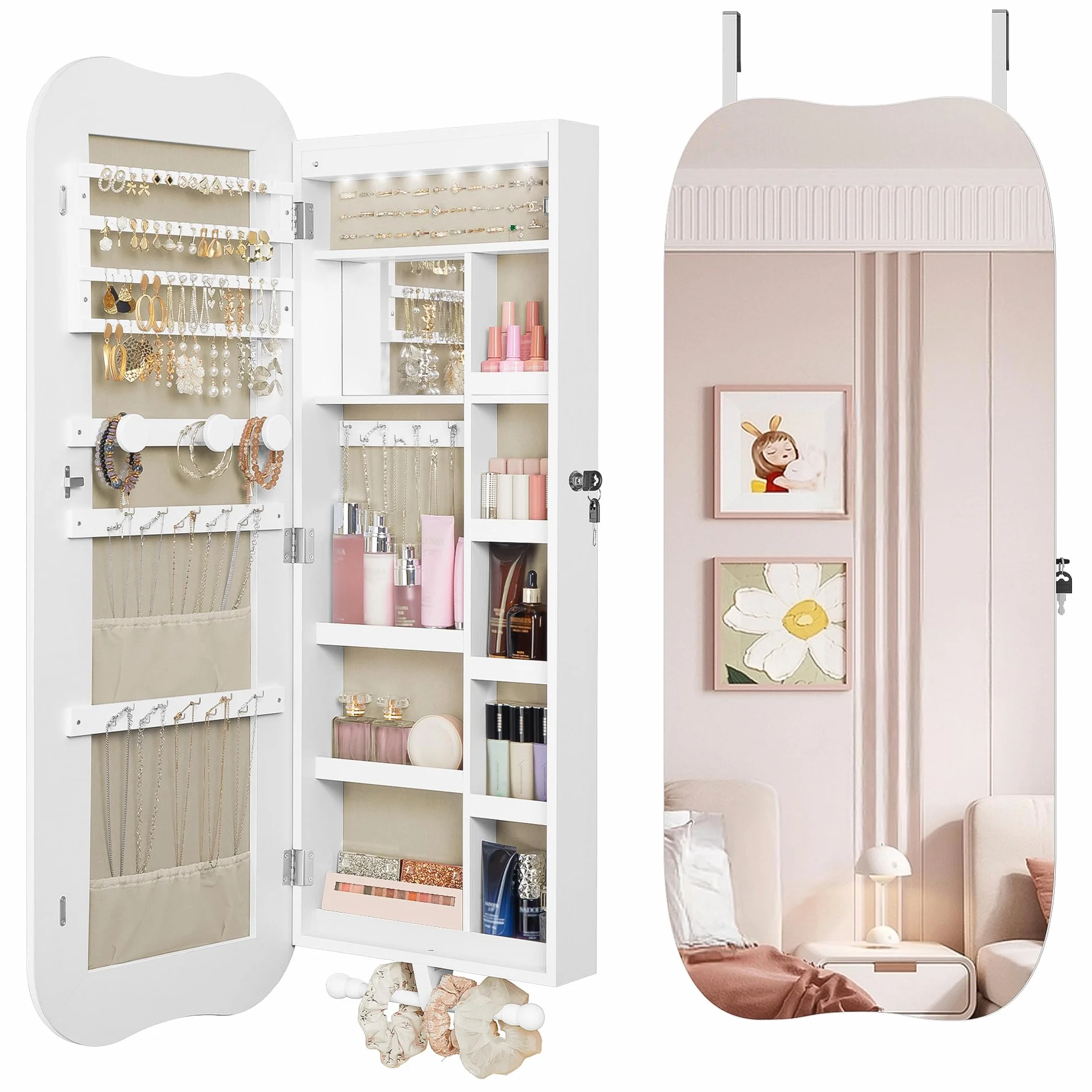 Hzuaneri Espejo Joyero de Pared Armario para Joyas e 6 LED, Blanco | Montar en Pared o Puerta, con Candado, Espejo Interior, para Pendiente Collar, para Dormitorios, Vestidores y Salón,JC36603BE