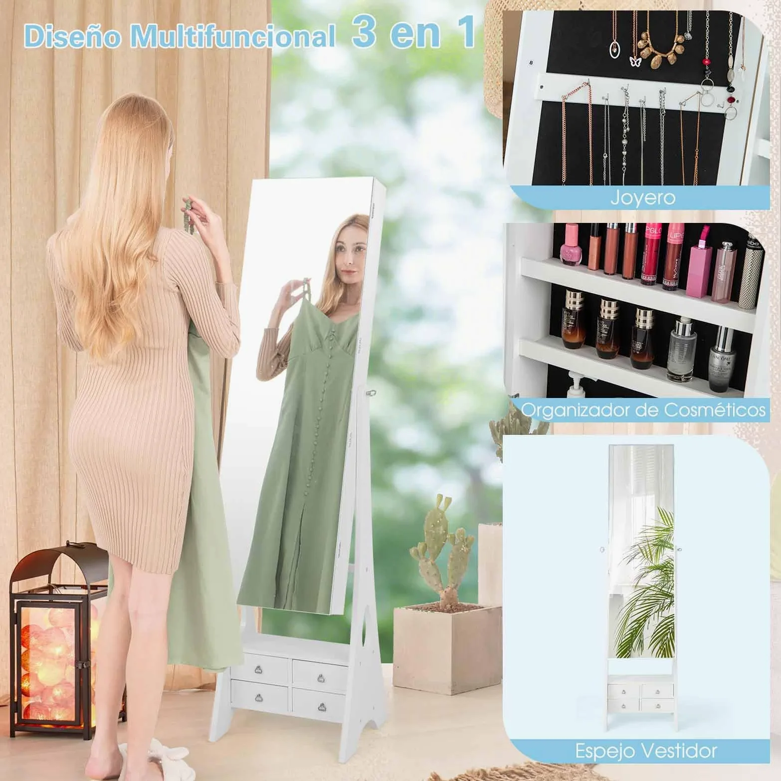 COSTWAY Armario para Joyas con Espejo, Espejo joyero con Luces LED, Estante de Maquillaje, Ángulos de Inclinación Ajustables y Gran Capacidad de Almacenamiento, Armario Joyero (Blanco)