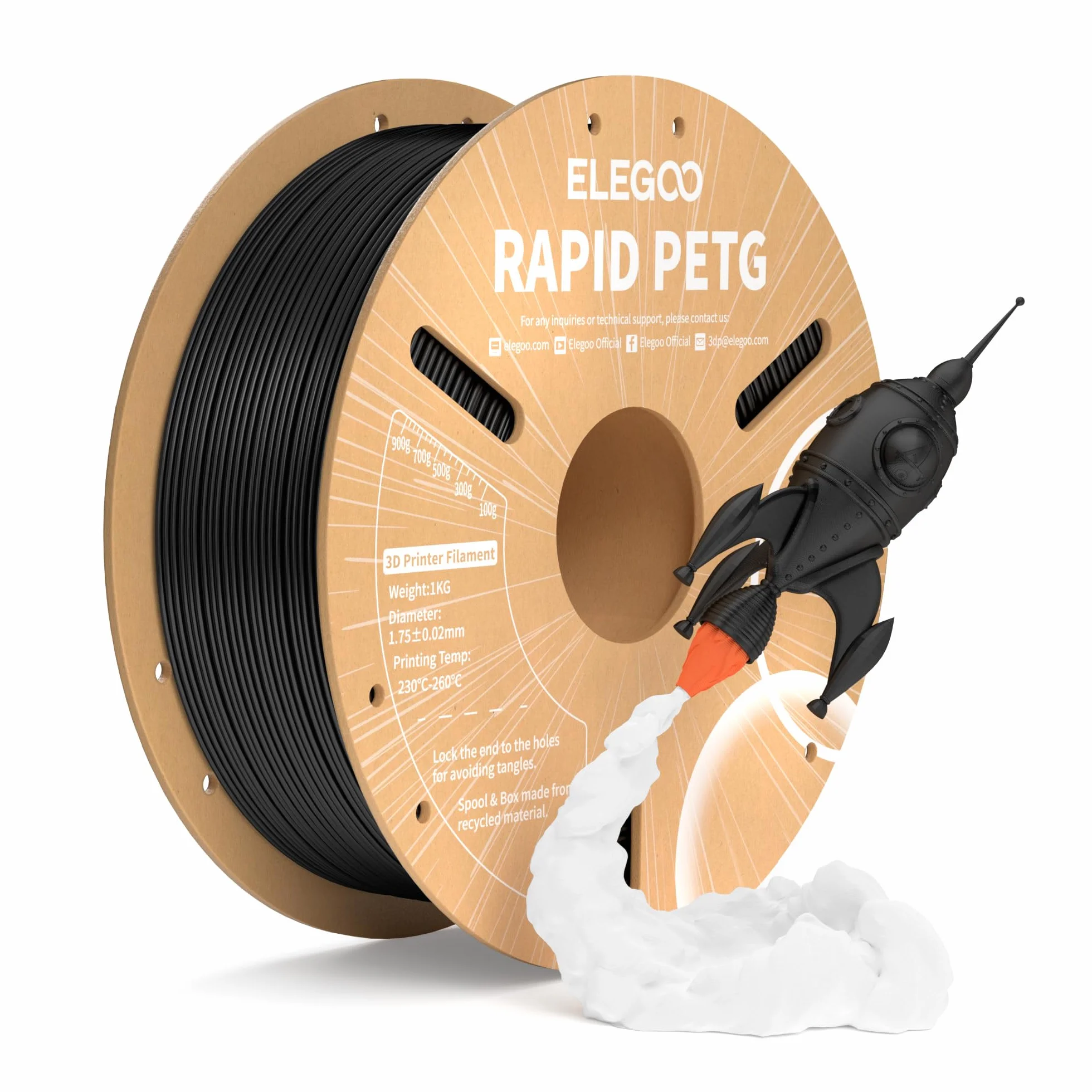ELEGOO Filamento PETG Rápido 1.75mm 1KG Negro, Alta Velocidad 30-600mm/s para Impresora 3D