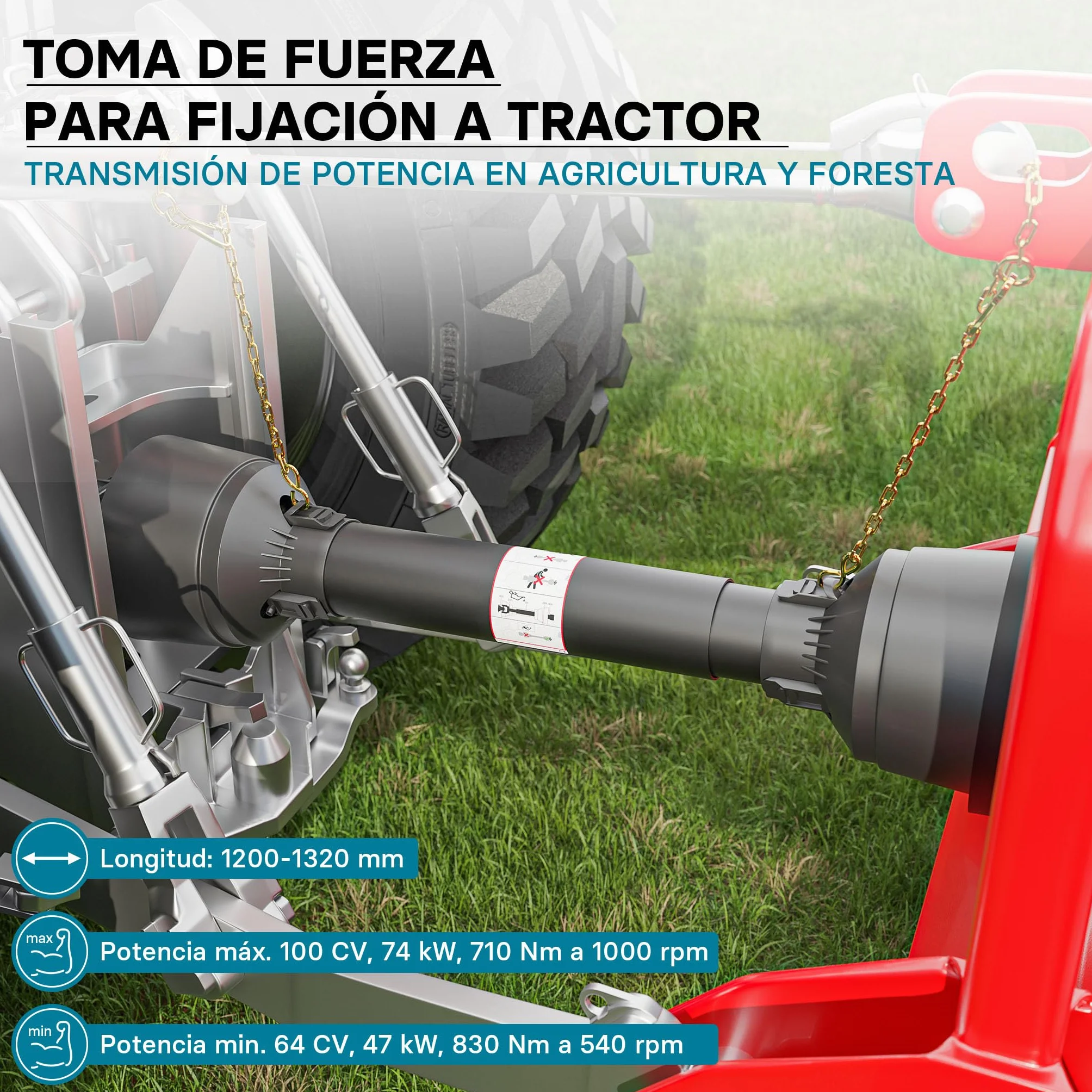 WilTec Toma de Fuerza T6 Eje transmisión cardán 1200-1320mm 830Nm 540rpm PTO 74kW 100CV 2x1 3/8" 6 dientes