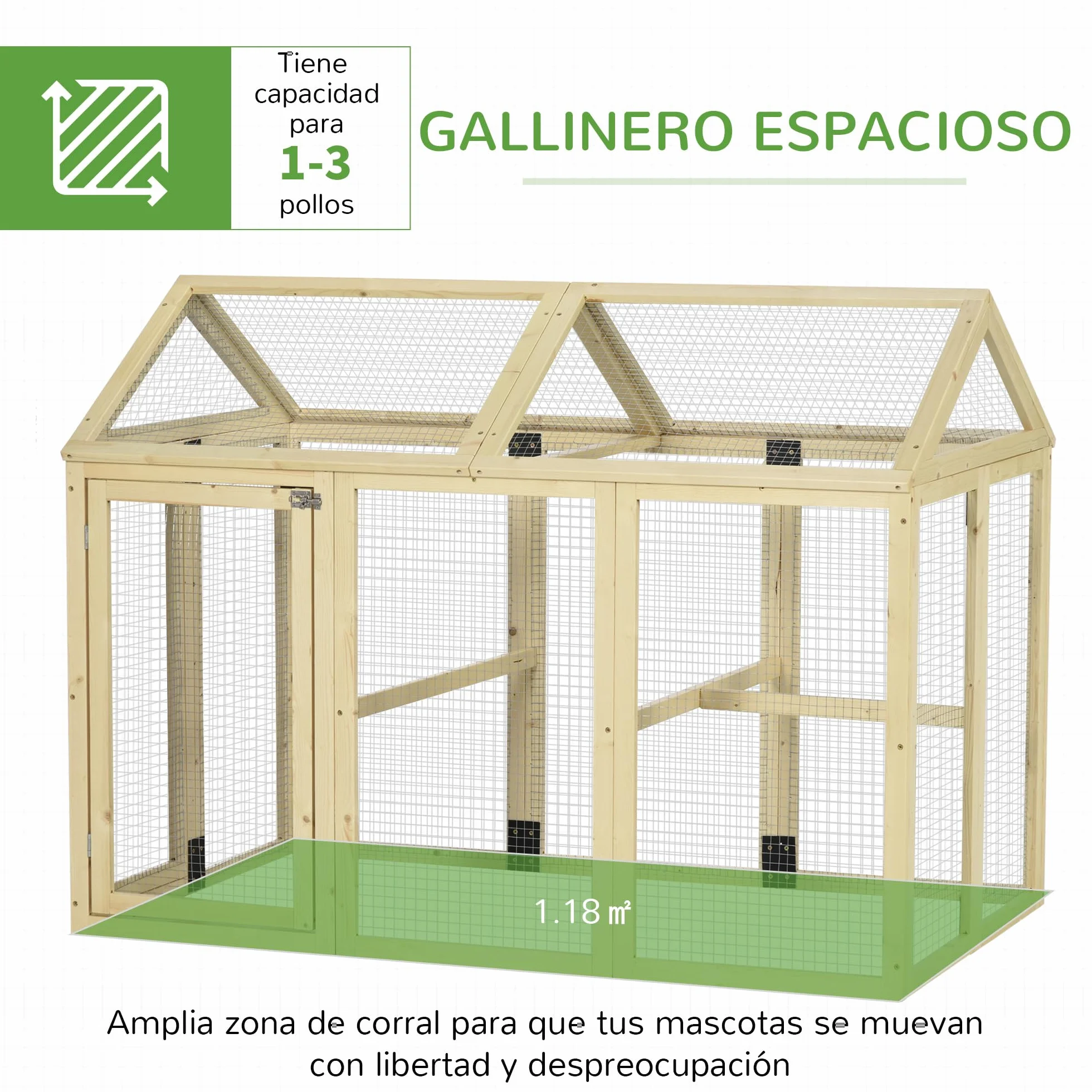 PawHut Gallinero Exterior Madera 140x88,5x106 cm 1-3 Gallinas 3 Perchas 2 Puertas Cierre