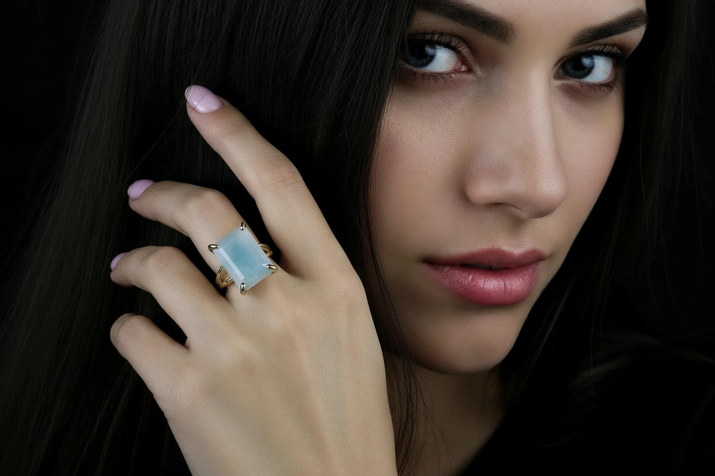 Anillo Grande de Aguamarina - Anillos de Oro de 14k Hechos a Mano para Mujeres - Anillos de Moda, Joyas de Declaración y Regalo para Damas