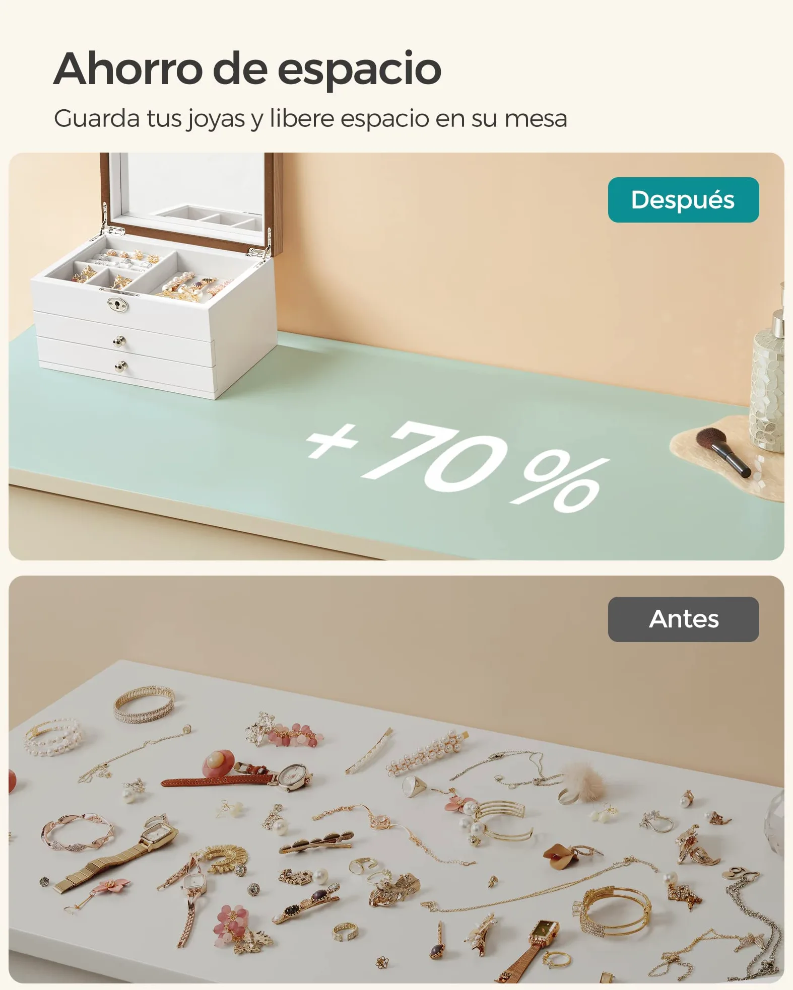 SONGMICS Caja Joyero, Caja de Joyas de 3 Niveles con Espejo Grande, 2 Cajones, Cerradura, Regalo para Seres Queridos, para Anillos, Pendientes, Pulseras, Collares, Blanco y Grano de Madera JOW15WN