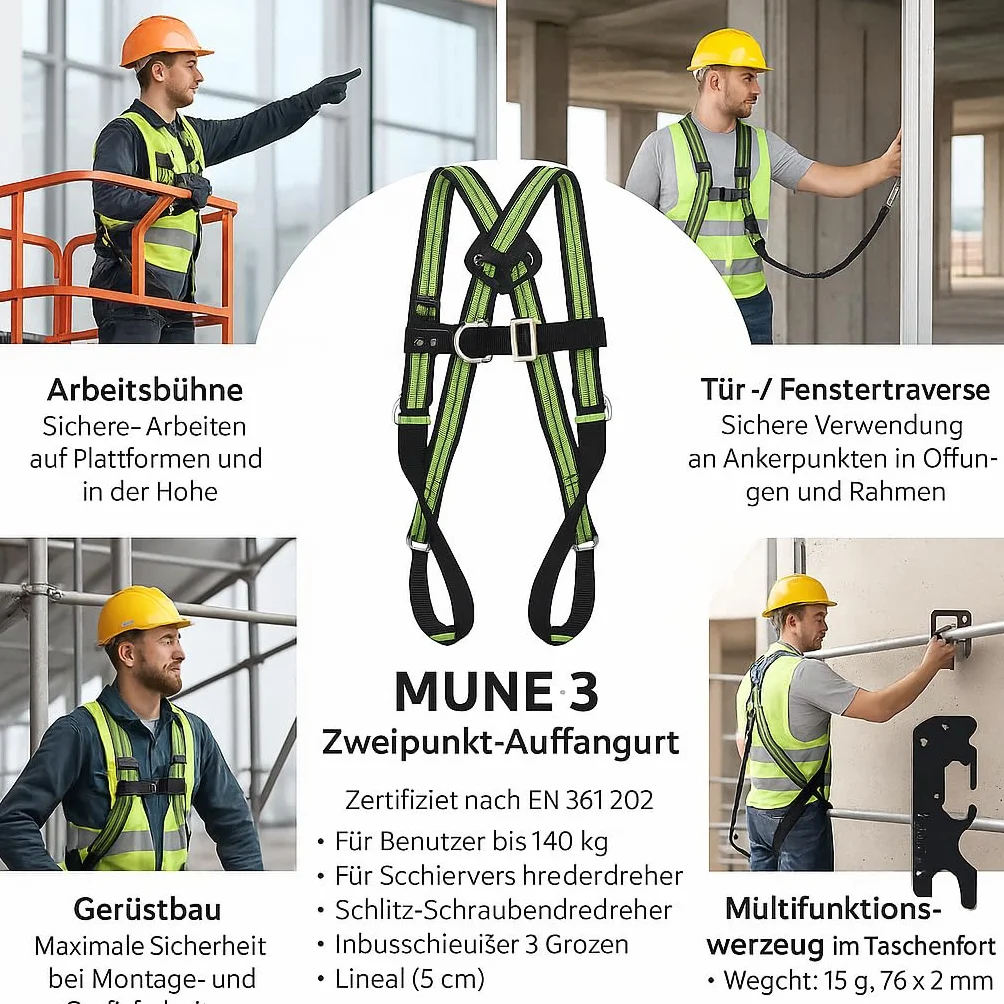 Kratos Safety Mune 3 Cinturón de recogida de dos puntos con herramienta multifunción y 5 hebillas de ajuste EN 361