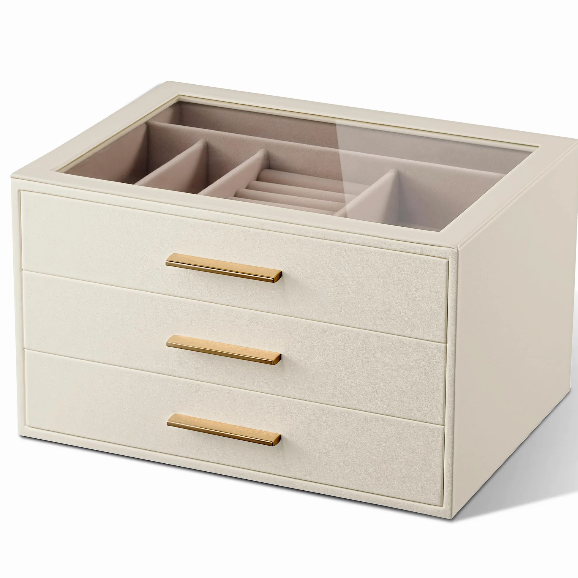 Joyero Organizador para con Ventana de Cristal, Caja Guardajoyas de 3 Capas | Cuero Blanco Marfil y Terciopelo Rosa - Estuche Organizador de Joyas para Anillos, Pendientes, Collares, Pulseras y Relojes,