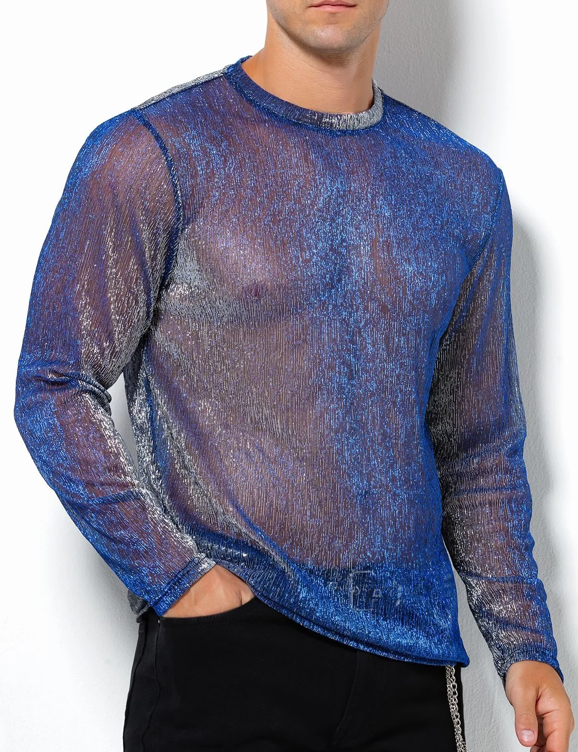 Casey Kevin Camiseta Transparentes Manga Larga Hombre Brillo Lentejuelas Rejilla Camisa Fiesta Plateada Brillante Ropa Sexy Top Fiesta Discoteca Punk Nocturno Jazz Rock Hip Hop Dance Clubwear