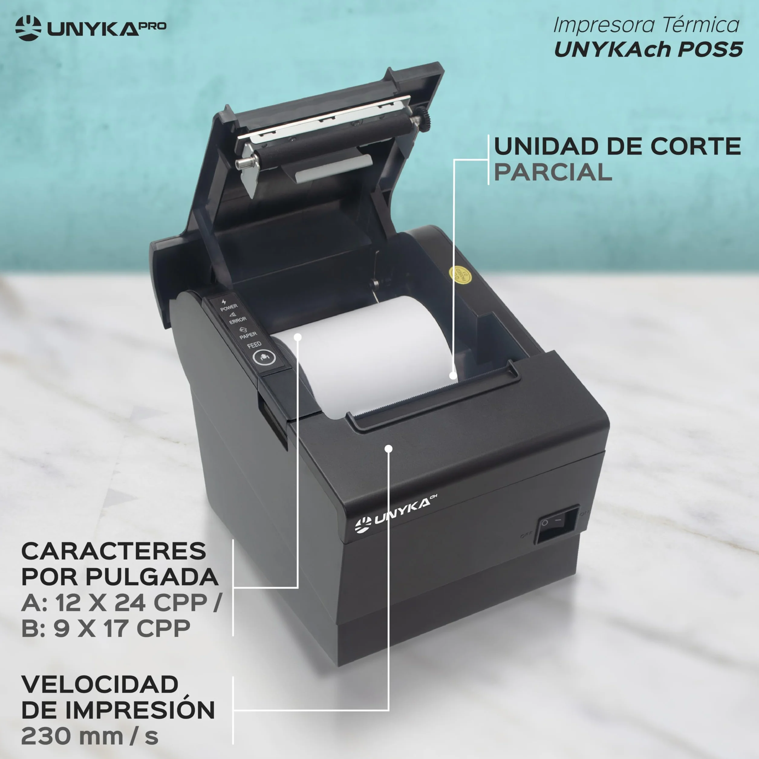 Unykach Impresora Térmica de Tickets POS5 con Corte Automático, USB, RJ12, RJ11, LAN, Compatible Windows, JPOS, OPOS, Linux, Android, Mac