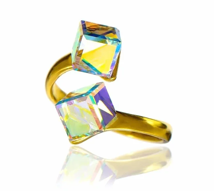 ARANDE Cristales originales hermoso anillo único ajustable Aurora chapado en plata 24K certificado de oro, Cristal