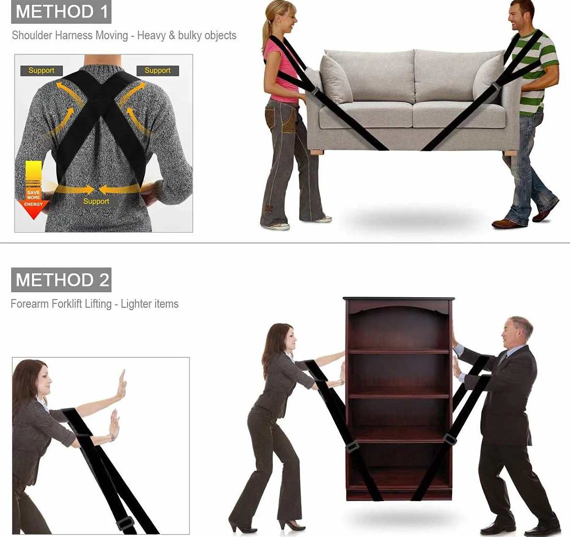 ULIFEME Correas Levantar Muebles 360kg Sistema Elevamiento Movimiento 2 Personas Brazo Hombro Negro