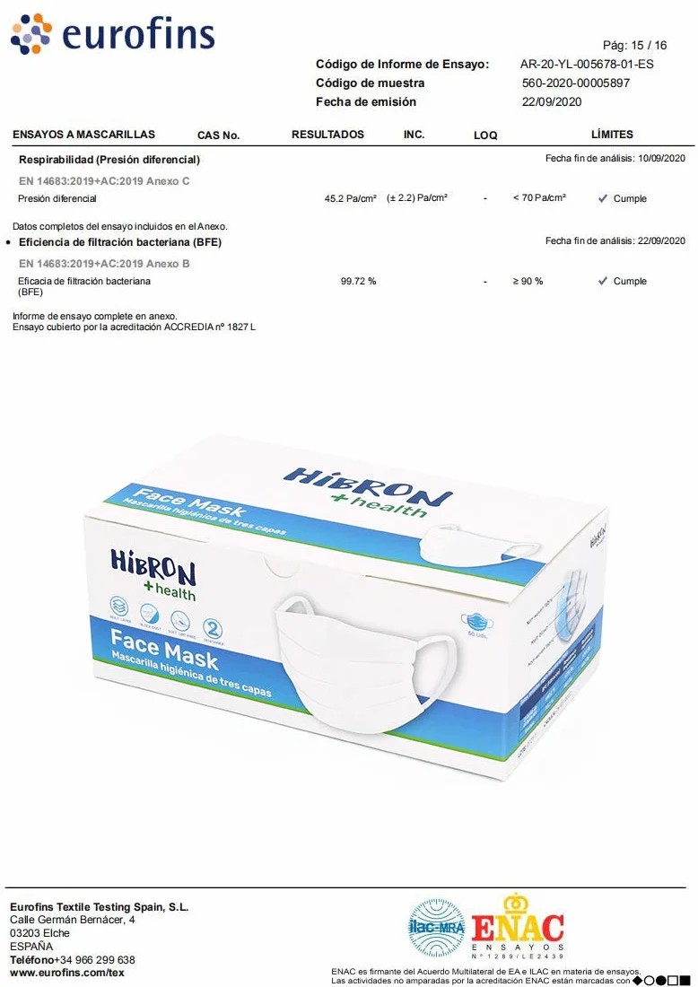 HIBRON Mascarillas Desechables Homologadas CWA 17553:2020 BFE >99% EN14683:2019