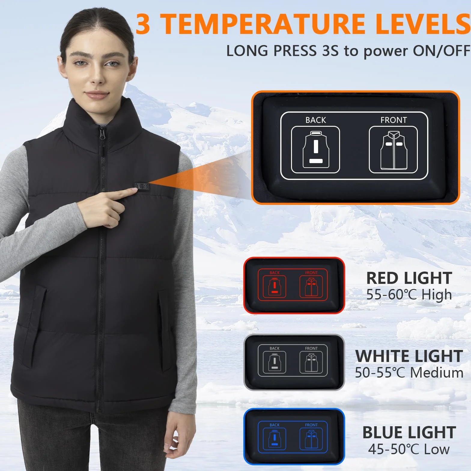 Chaleco Calefactable Hombre con 7.4V 18400mAh Bateria, Chaleco Calefactor de Invierno con 3 Ajustes de Temperatura Lavable para Esquí Camping Caza Pesca Moto