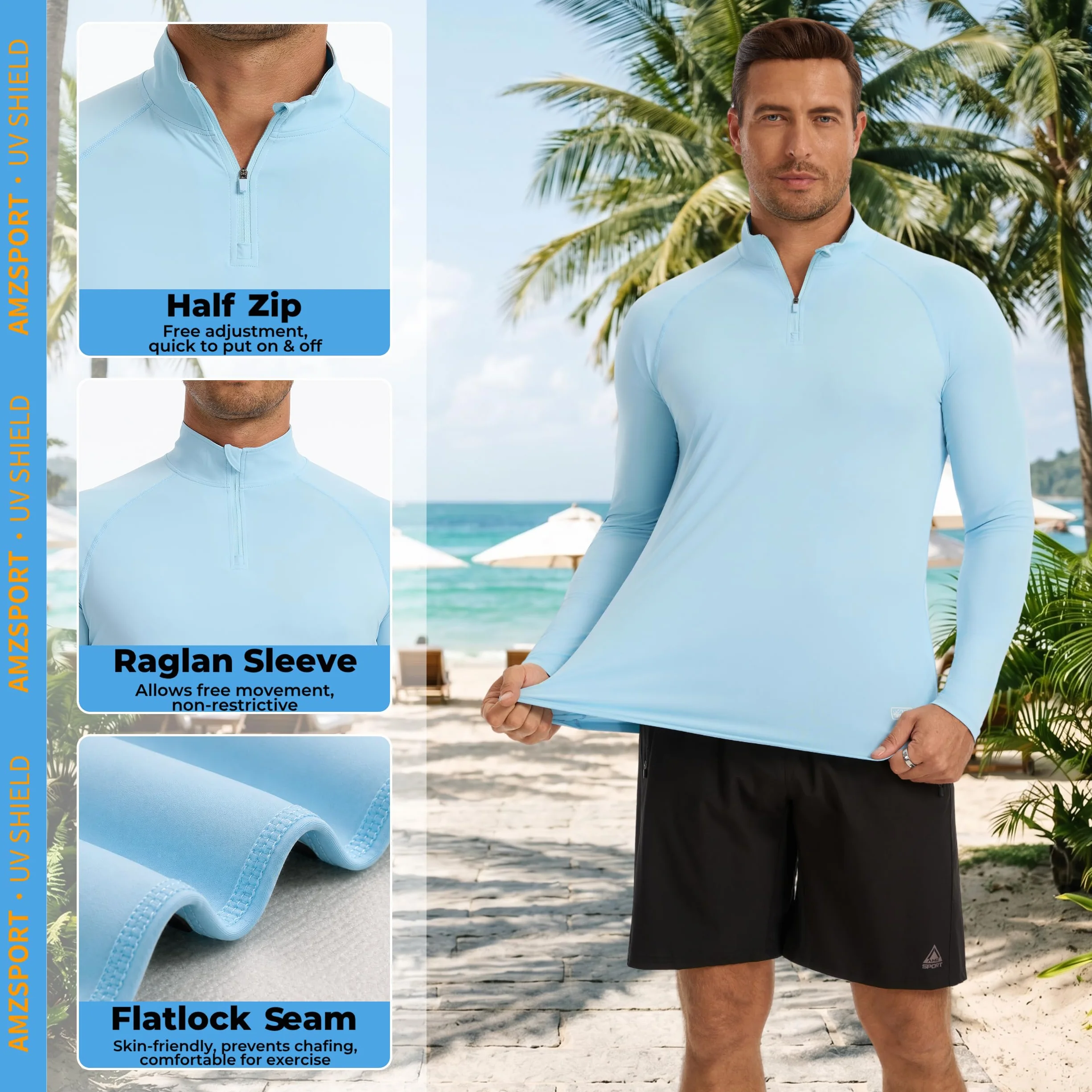 AMZSPORT Camiseta Hombre Manga Larga UV UPF 50+ Protección Solar Cremallera Secado Rápido