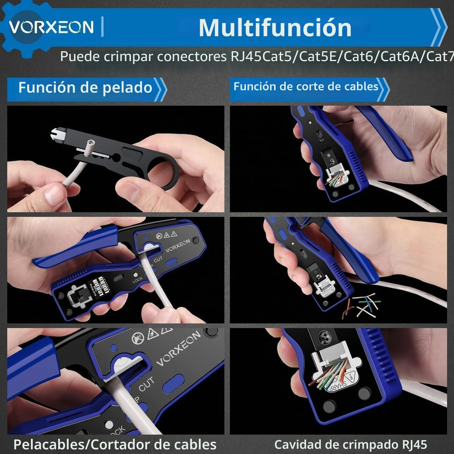Crimpadora RJ45 Cat 6 Cat5 Cat5e Alicates de Terminales para Cables de Red y Telefonía con Conectores Pasantes 50PCS