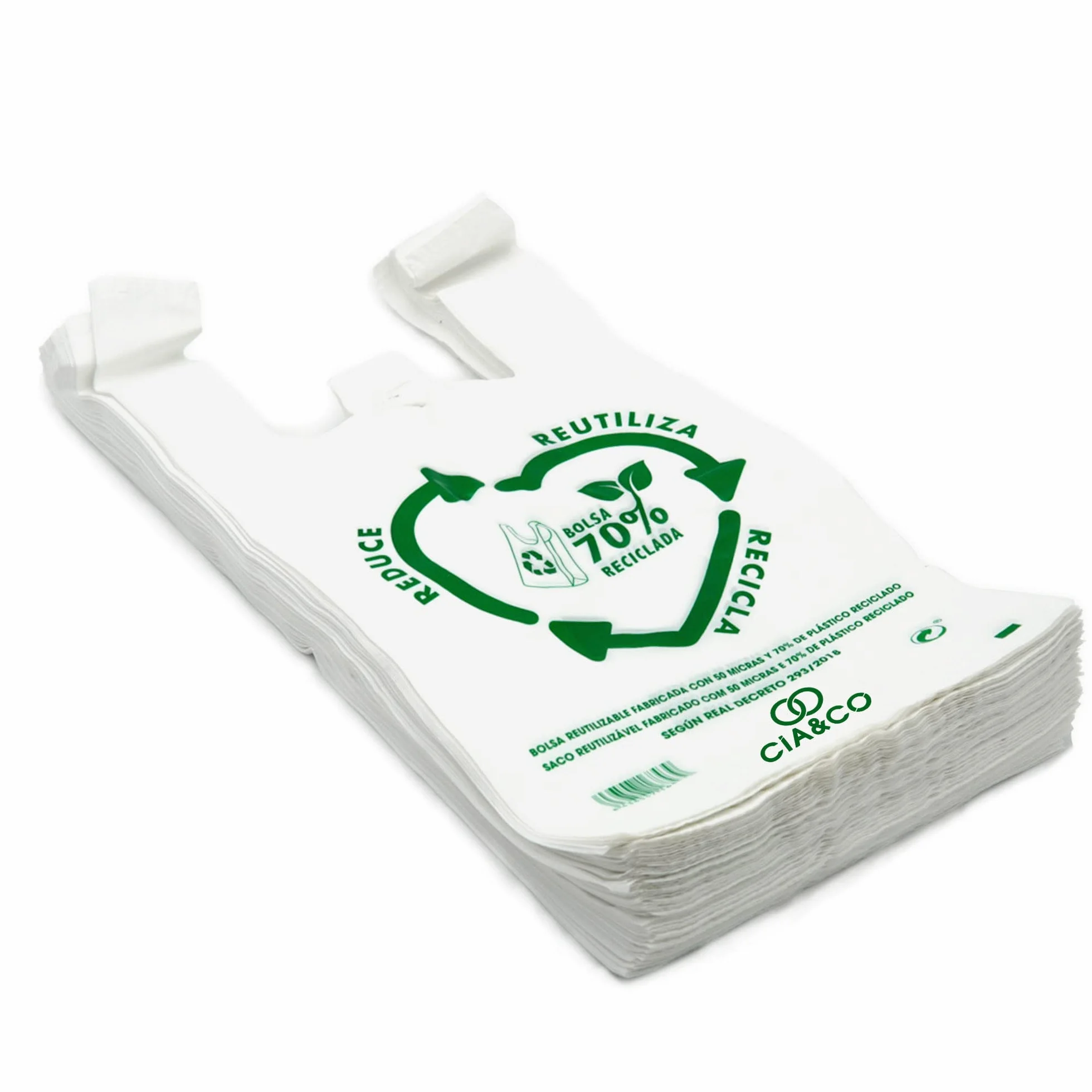 Bolsas de Plástico 70% Reciclado XXL 50x60 cm 50 Uds Aptas Uso Alimentario Galga 200 Tipo Camiseta