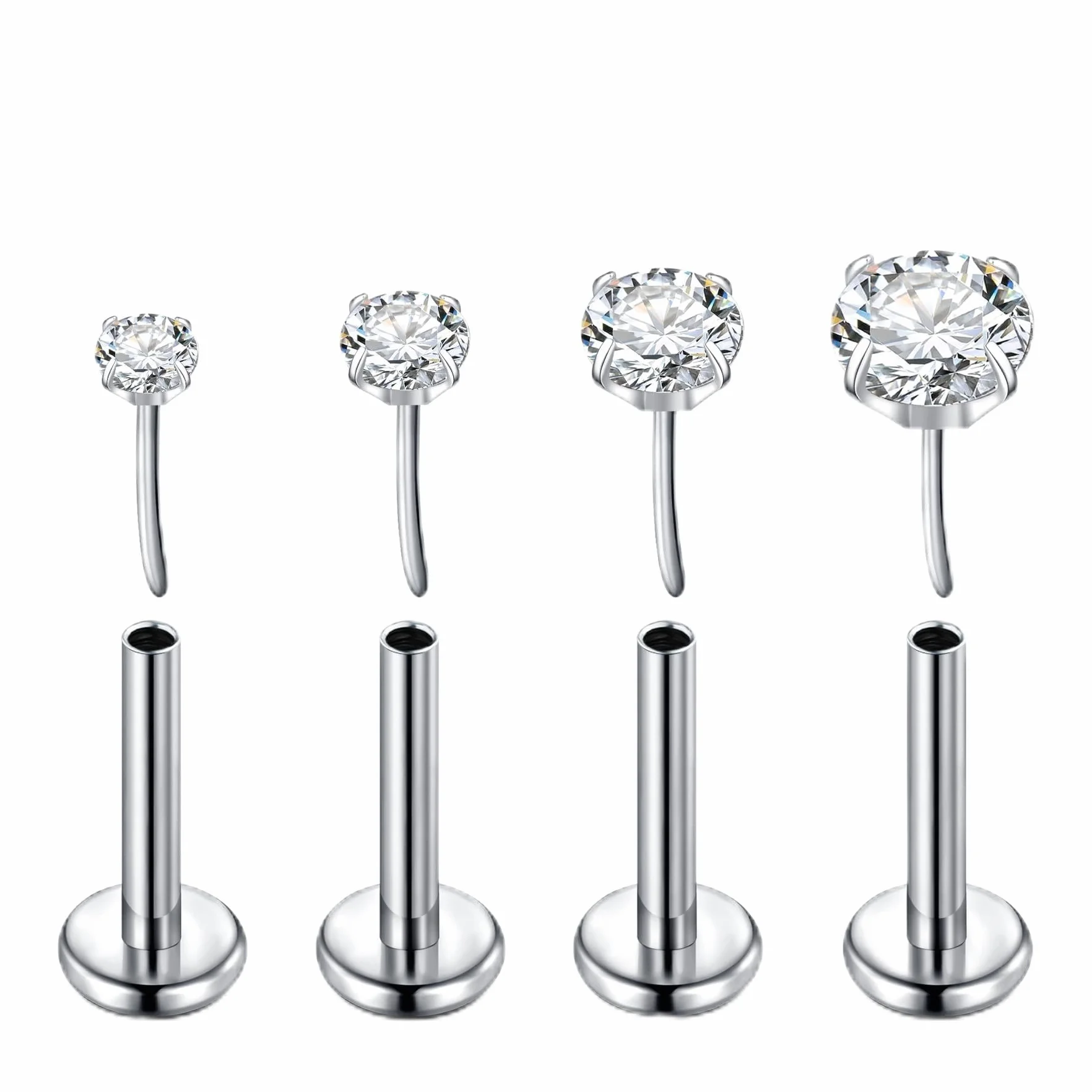 FECTAS Pendientes de titanio para nariz, 16G, 18G, 20G, hipoalergénicos, grado de implante 6, 7, 8, 10 mm, sin rosca, hélice, tragus, labio, labio, parte trasera plana, joyería