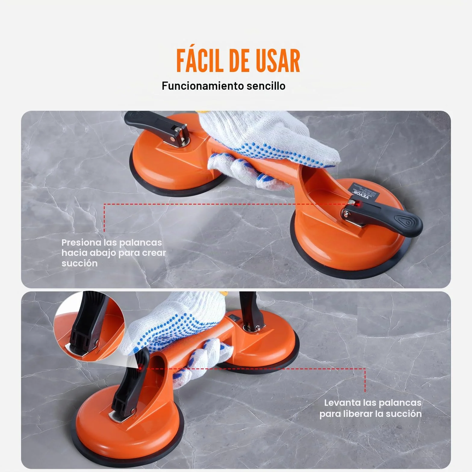 VEVOR Ventosa para Azulejos Doble 119 mm 2 Piezas 150 kg Carga Mango Aleación Aluminio Elevación Industrial