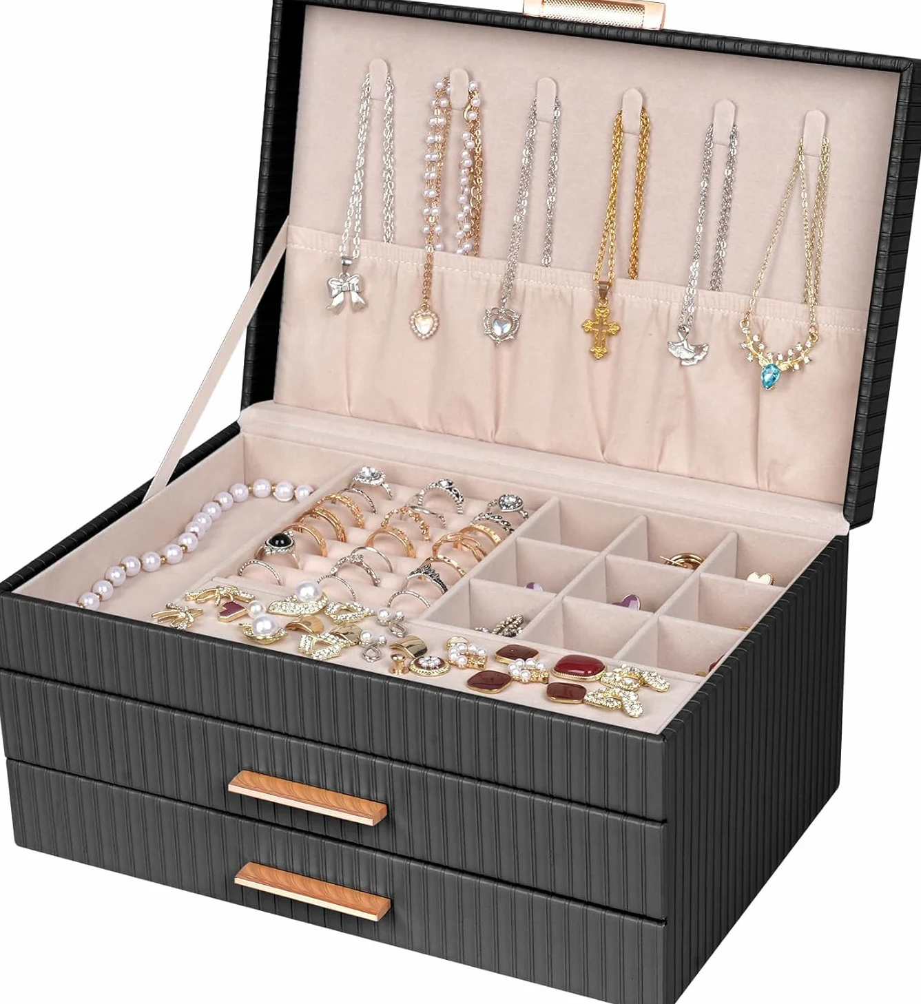 Dajasan Joyero Mujer, Joyero Grande, Organizador Joyas 2 Cajones, Joyeros para Collares, Anillos, Pendientes, Pulseras, Idea Regalo (Negro)