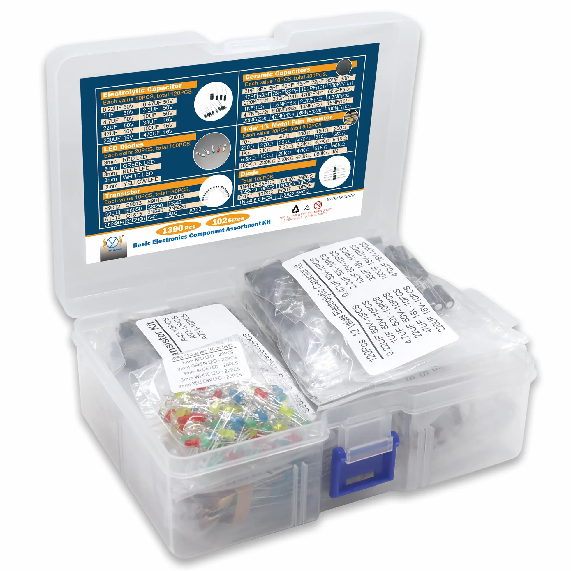 DIYoung Kit de Componentes Electrónicos 1390pcs, Resistencias, Diodos Led, Condensadores, Transistores