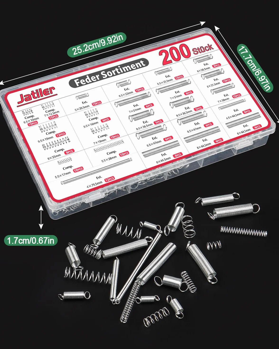 Surtido de 200 muelles de tracción, acero inoxidable, 20 tamaños, kit de resortes con caja