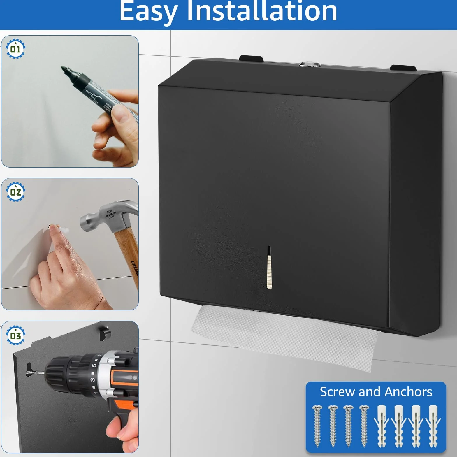 Dispensador de toallas de papel de acero inoxidable, montaje en pared, triple pliegue, gran capacidad, comercial