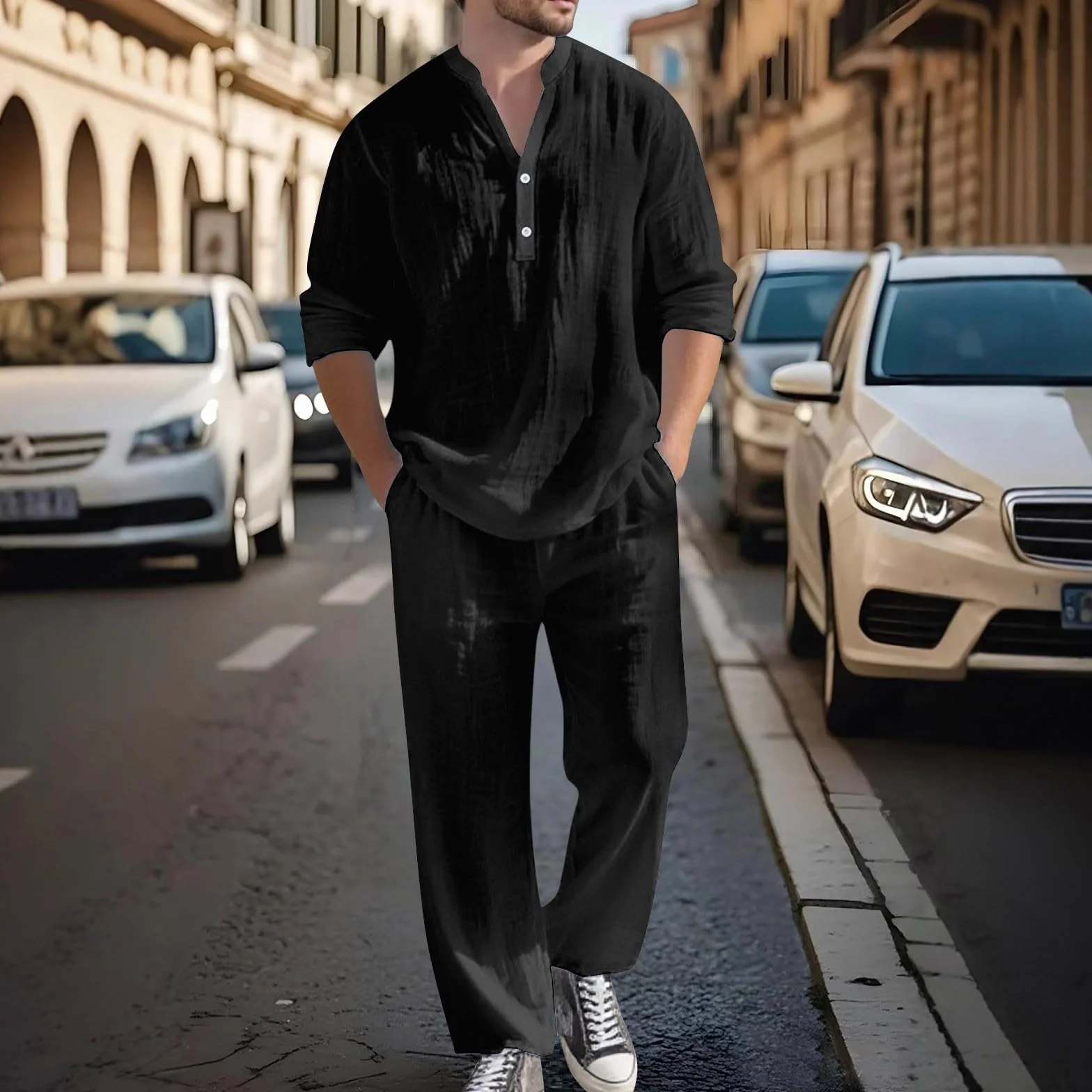 Camisa de lino para hombre, cuello en V, manga larga, pantalones casuales de otoño