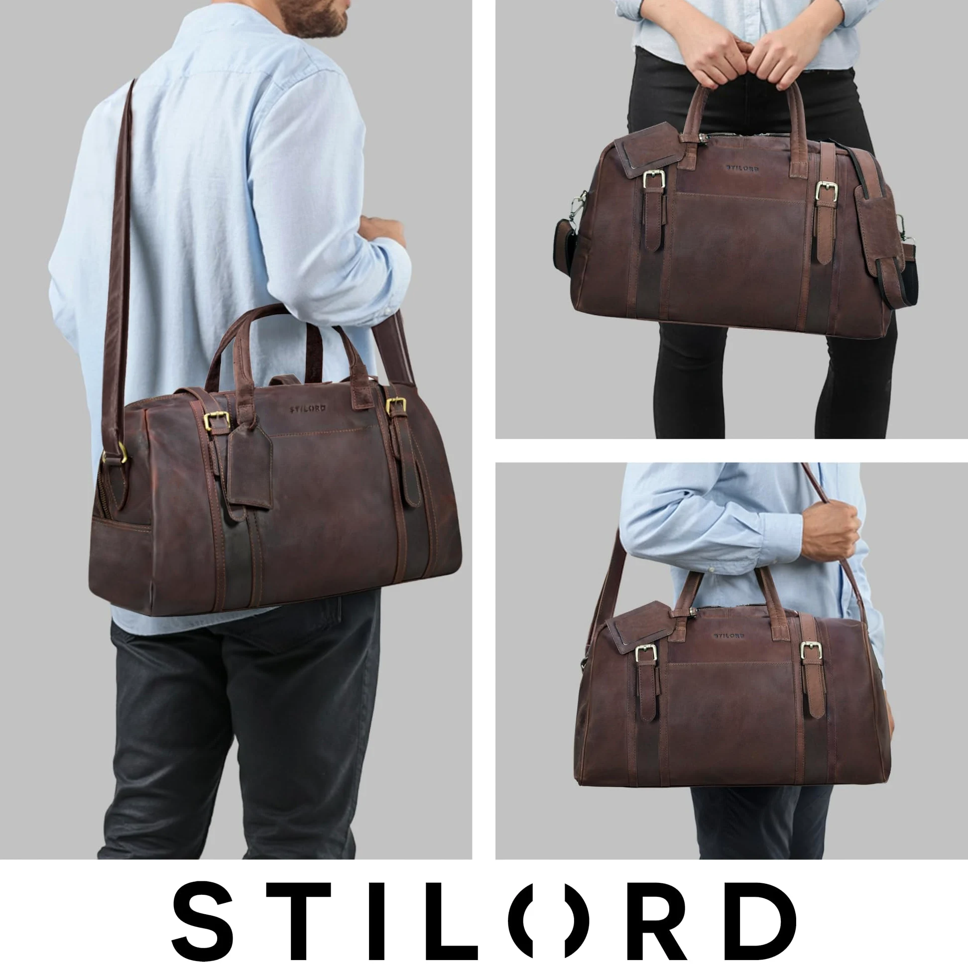 STILORD Vega Vintage Bolsa Viaje Piel Marrón Pequeño Bolso de Viaje Cuero Genuino Bolsa Fin de Semana Mujer Hombre Deporte Duffle Bag con Asa y Bandolera 34 L, 50x23x30