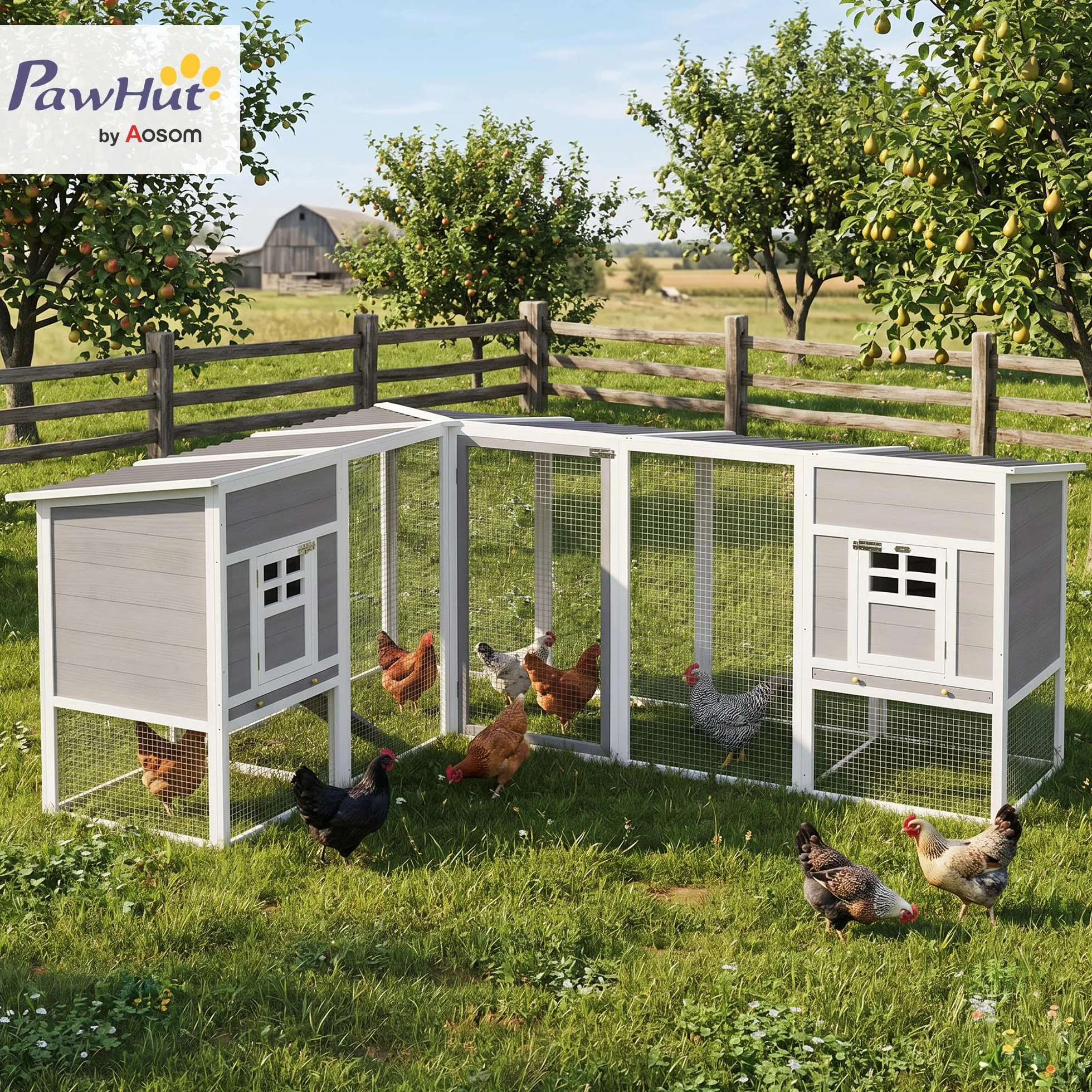PawHut Gallinero de Madera Grande Exterior, Jaula para Gallinas en L para Esquina, 2 Nidos, Corral, Bandejas Extraíbles, Techo de Pet, Rampas, 251x192x103 cm, Gris