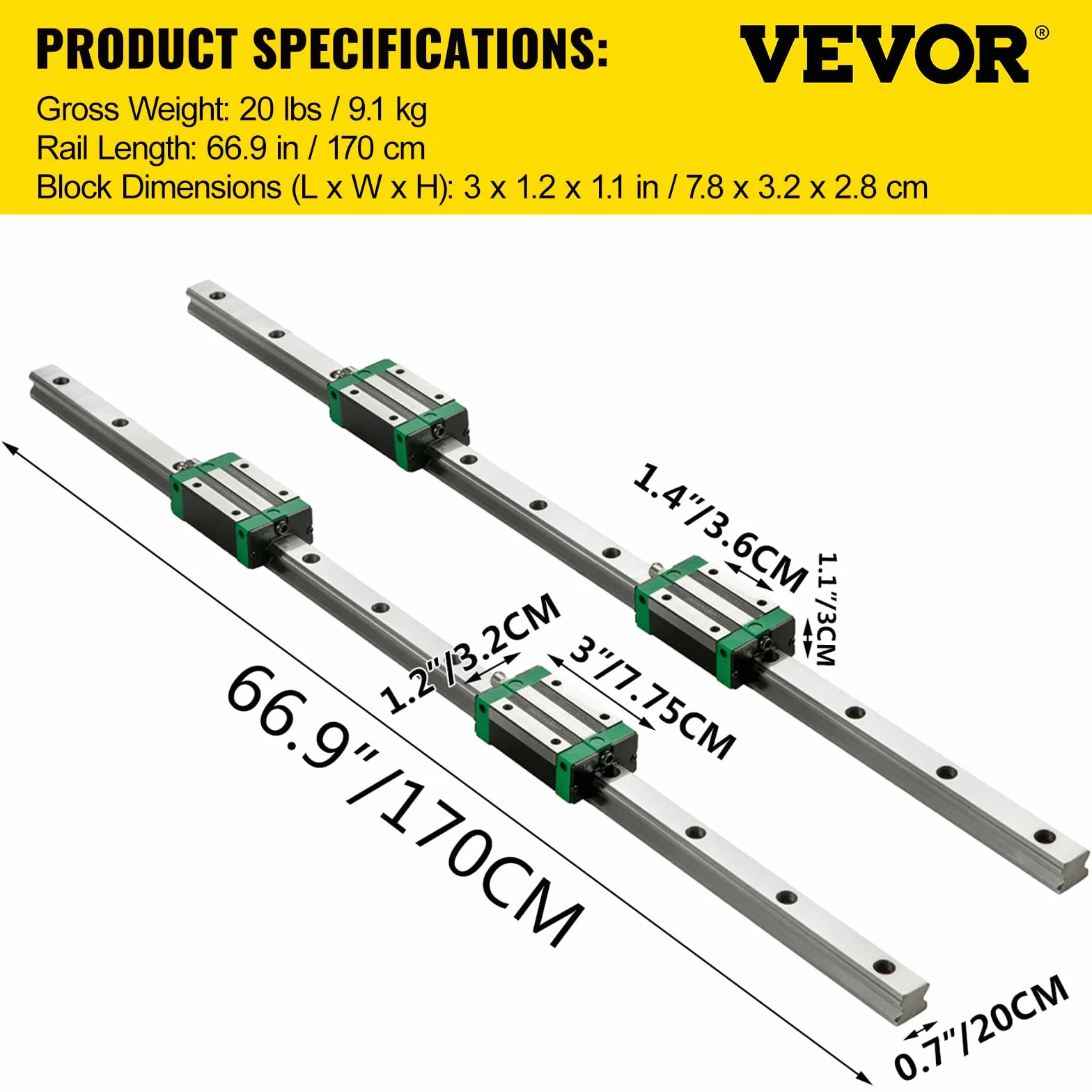 VEVOR Cojinete de Guía Lineal HSR20-1700mm 2pcs Rodamientos Riel Lineal con 4 Bloques para Máquinas Dobladoras