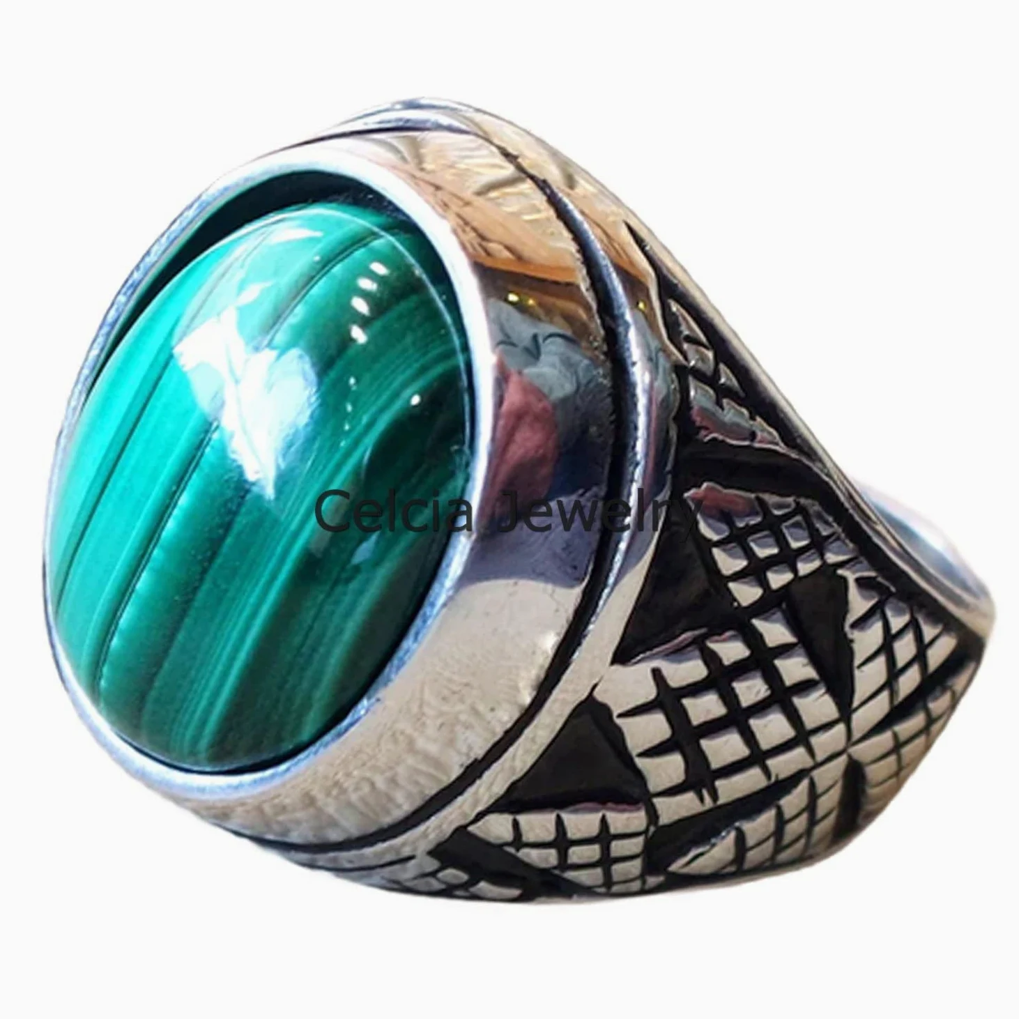 Anillo ovalado de cabujón de piedra preciosa genuina de malaquita, anillo de declaración, anillo de sello clásico, anillo impresionante, anillo diario, anillo oxidado de plata