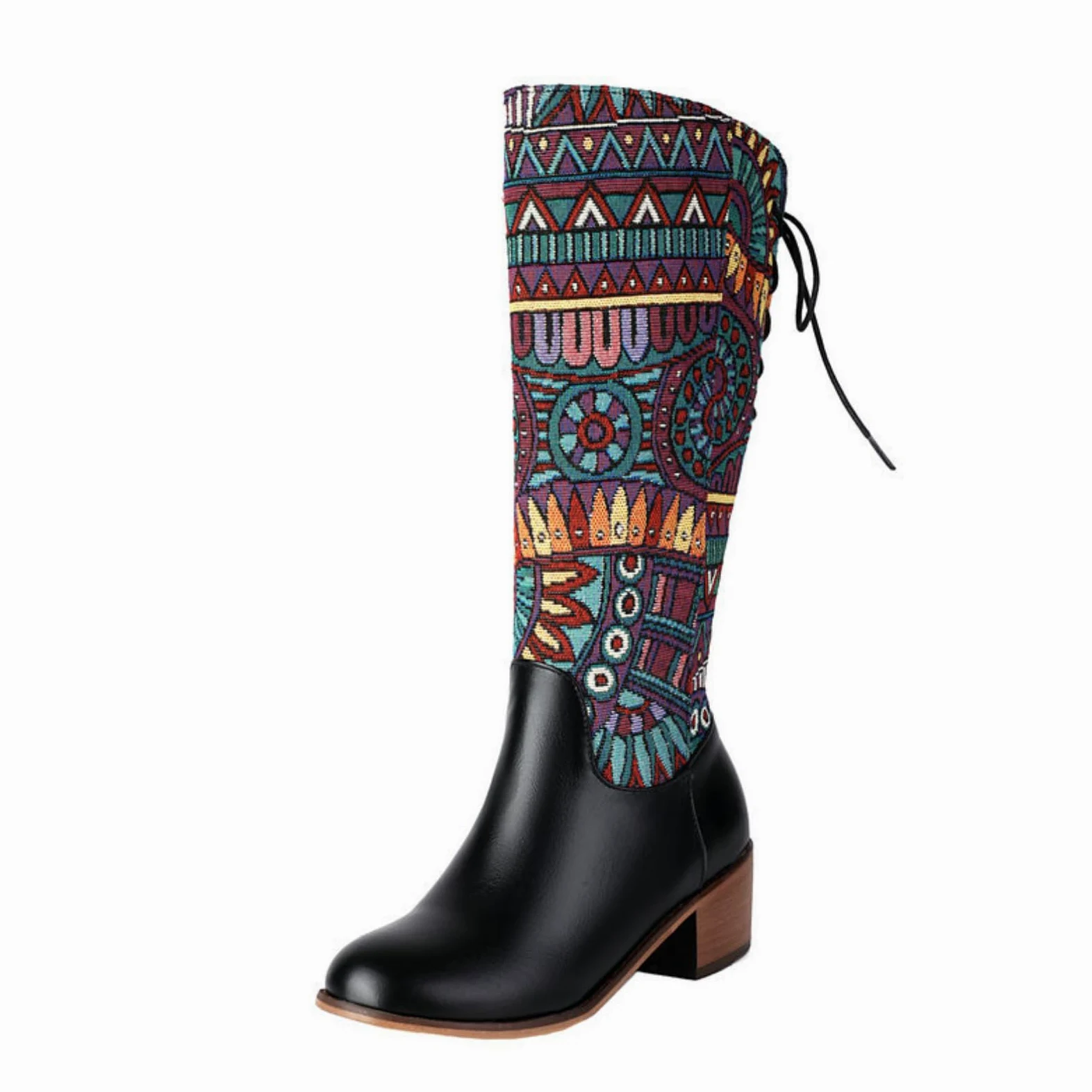 Mujer Botas Altas Punta Redonda Tacón Chunky Tela Estampada Botas Montar Costura Cuero Cremallera Lateral Botas Largas Pantorrilla Ancha Cordones Altas Splicing Planas