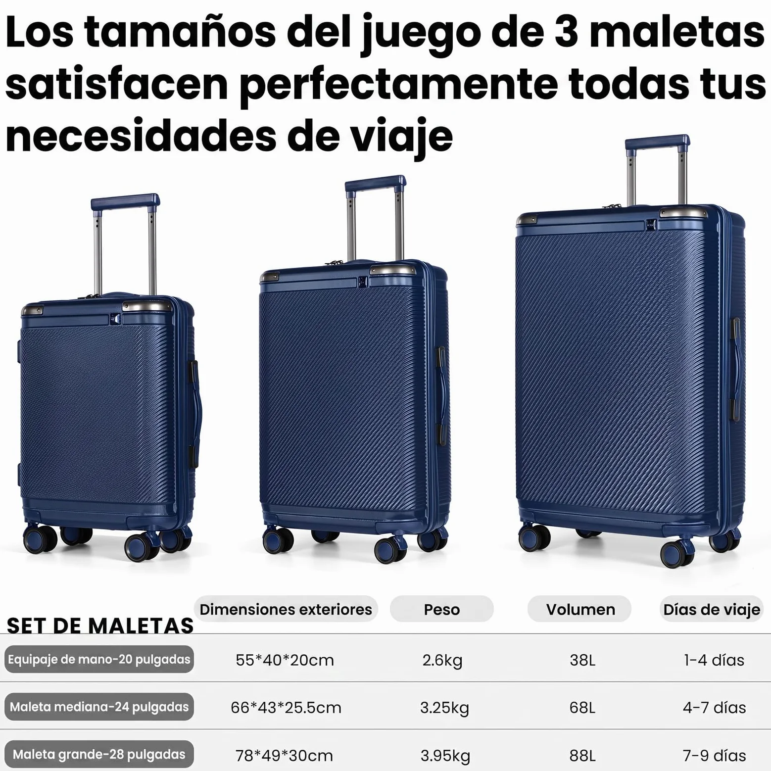Juego de 3 Maletas rígidas con candado TSA, asa telescópica, para Mujeres y Hombres, Azul Marino