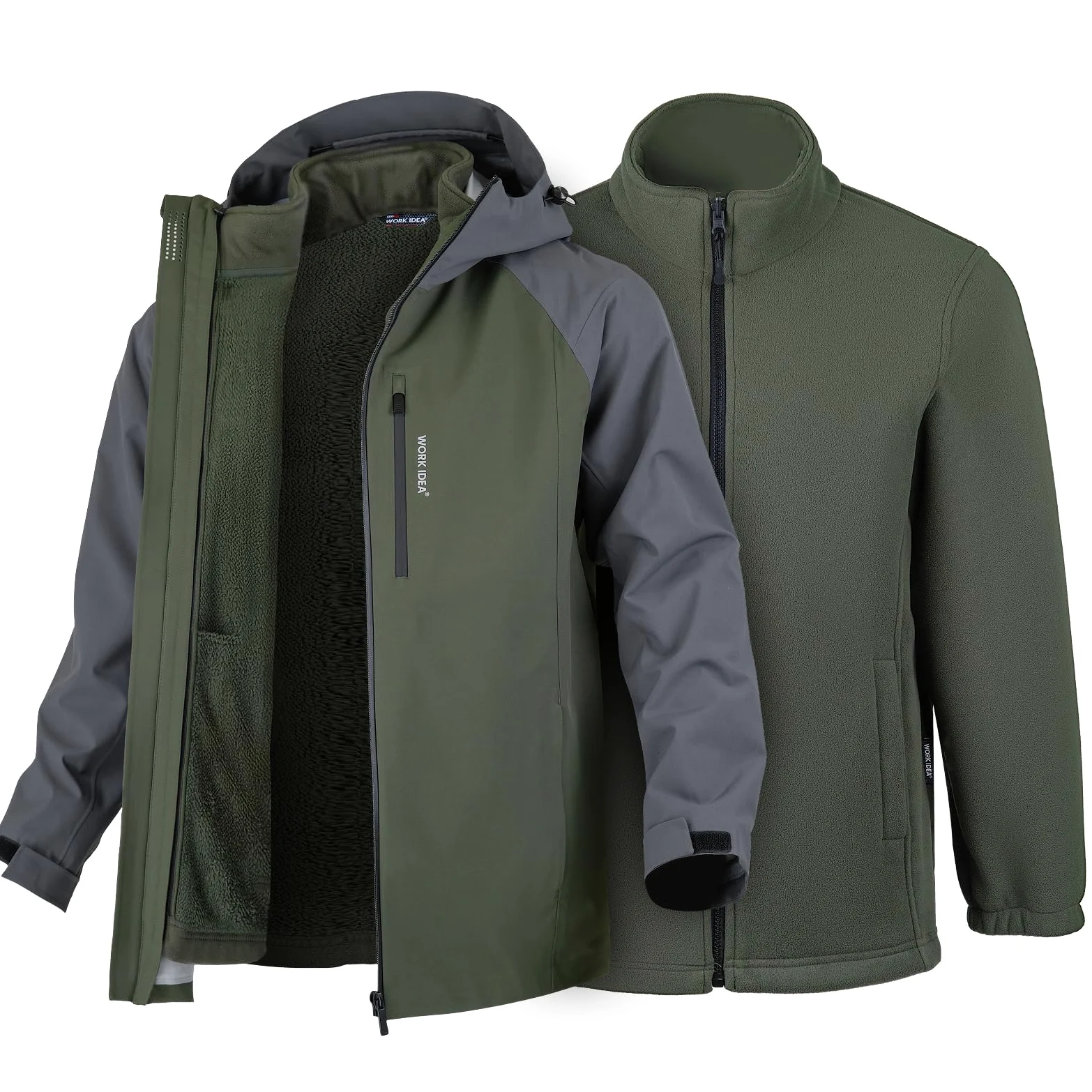 WORK IDEA Chaqueta 3 en 1 para hombre, resistente al agua (columna de agua de 10000 mm), transpirable, resistente al viento con capucha y forro polar interior, chaqueta funcional para senderismo