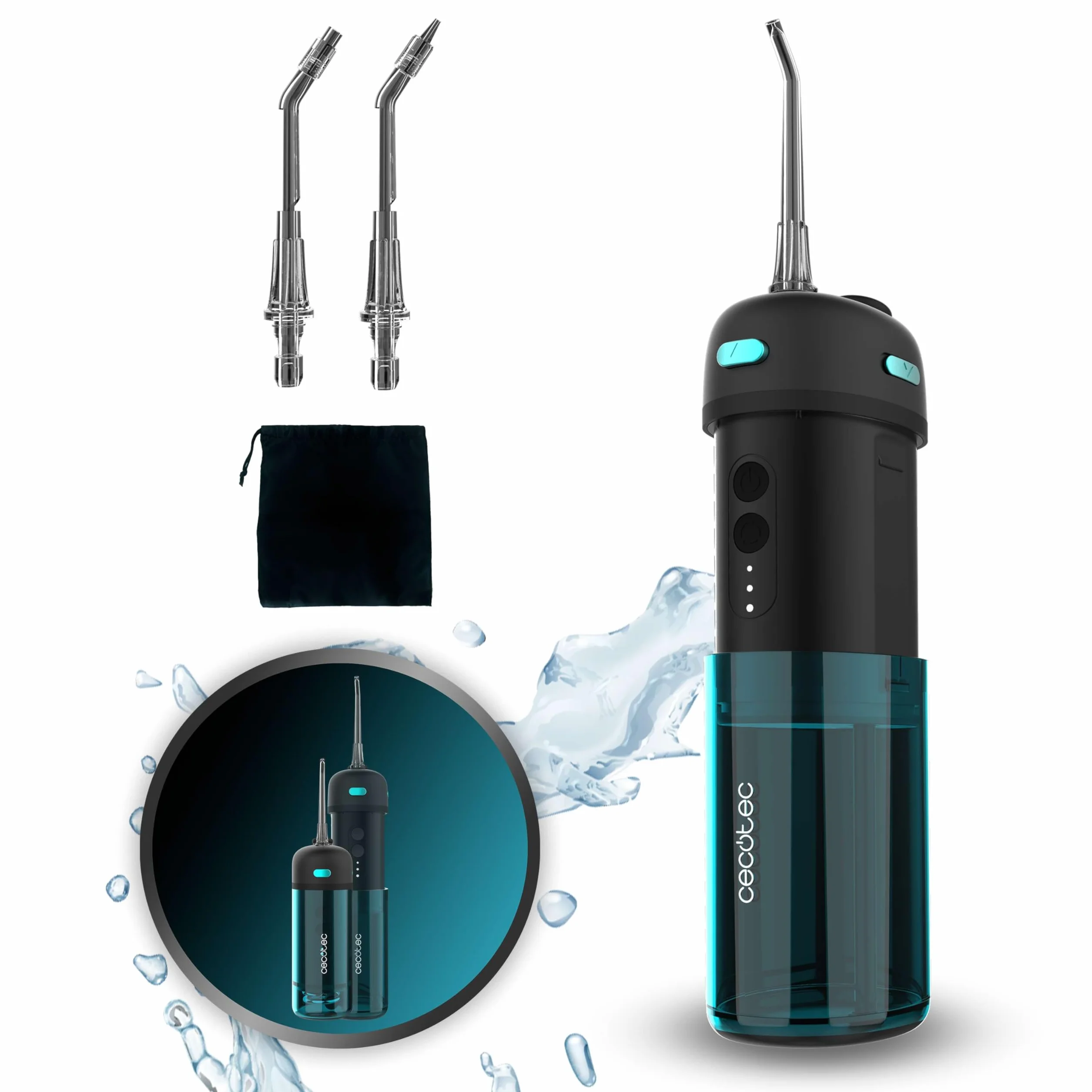 Cecotec Irrigador Dental Portátil Toothcare Jet Splash, 3 Modos 8 Intensidades, 150ml, 2 Boquillas, IPX7 Impermeable