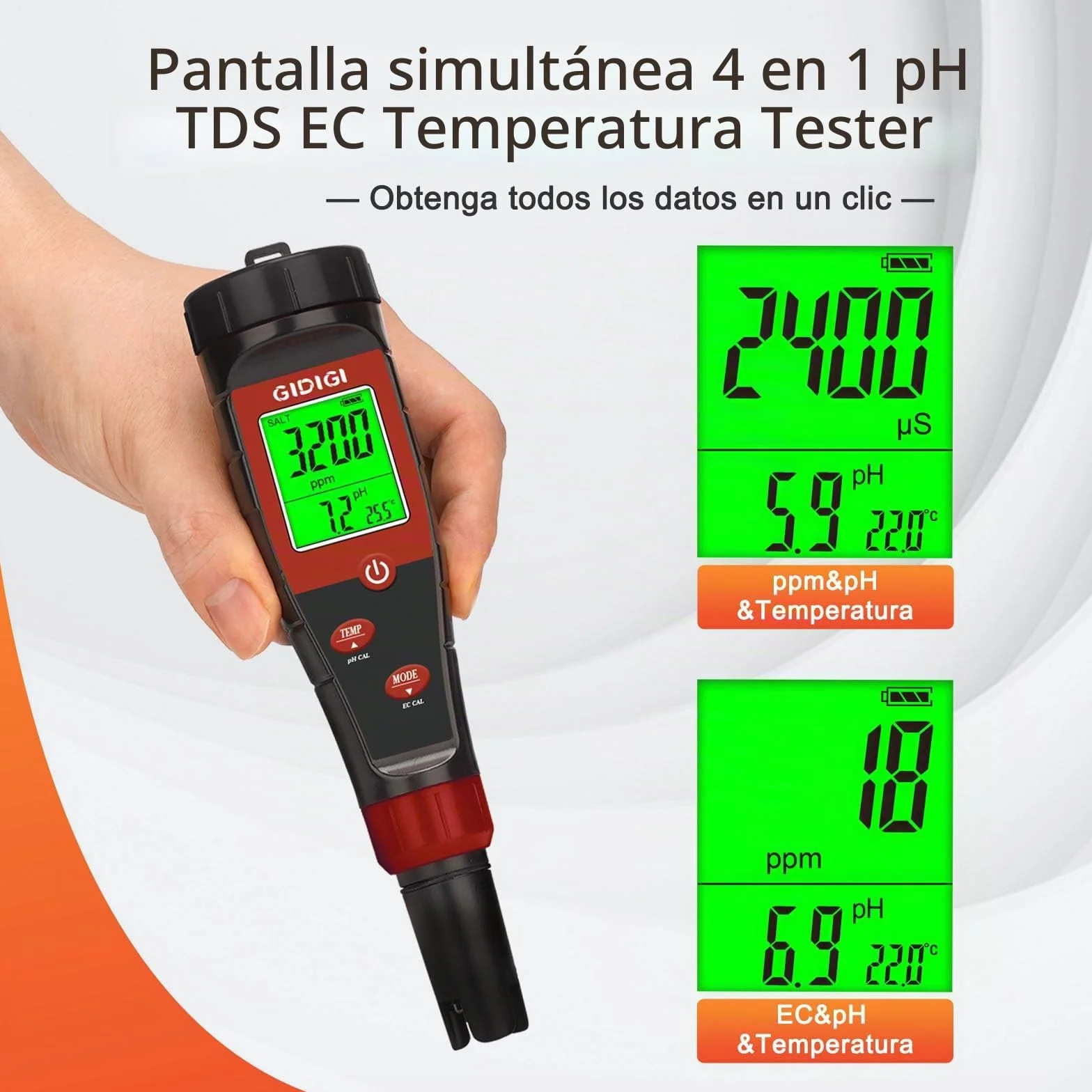 Medidor pH Agua 4 en 1, Probador Digital pH EC TDS para Piscina, Hidroponia, Agua Potable