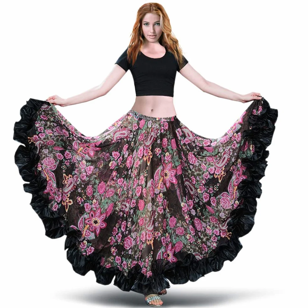 ROYAL SMEELA Falda de Gasa Baile Vientre para Mujer Full Voile Estilo Tribal Faldas de Flamenco Bohemio 360/720 Grados Floral Falda Danza Flamenca Faldas Danza del Vientre Trajes Danza del Vientre
