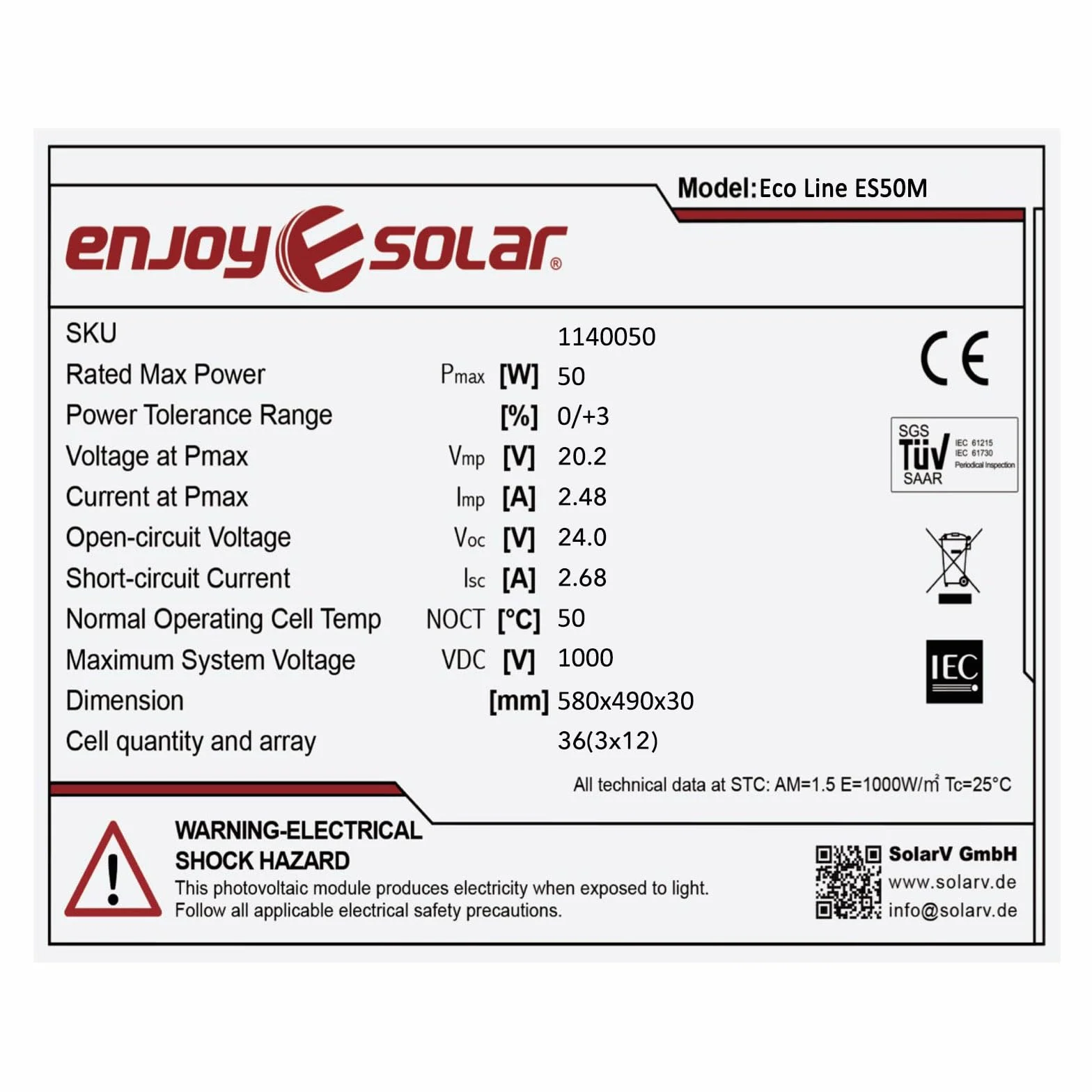 Panel Solar Monocristalino 50W 12V 182mm 10 Busbars