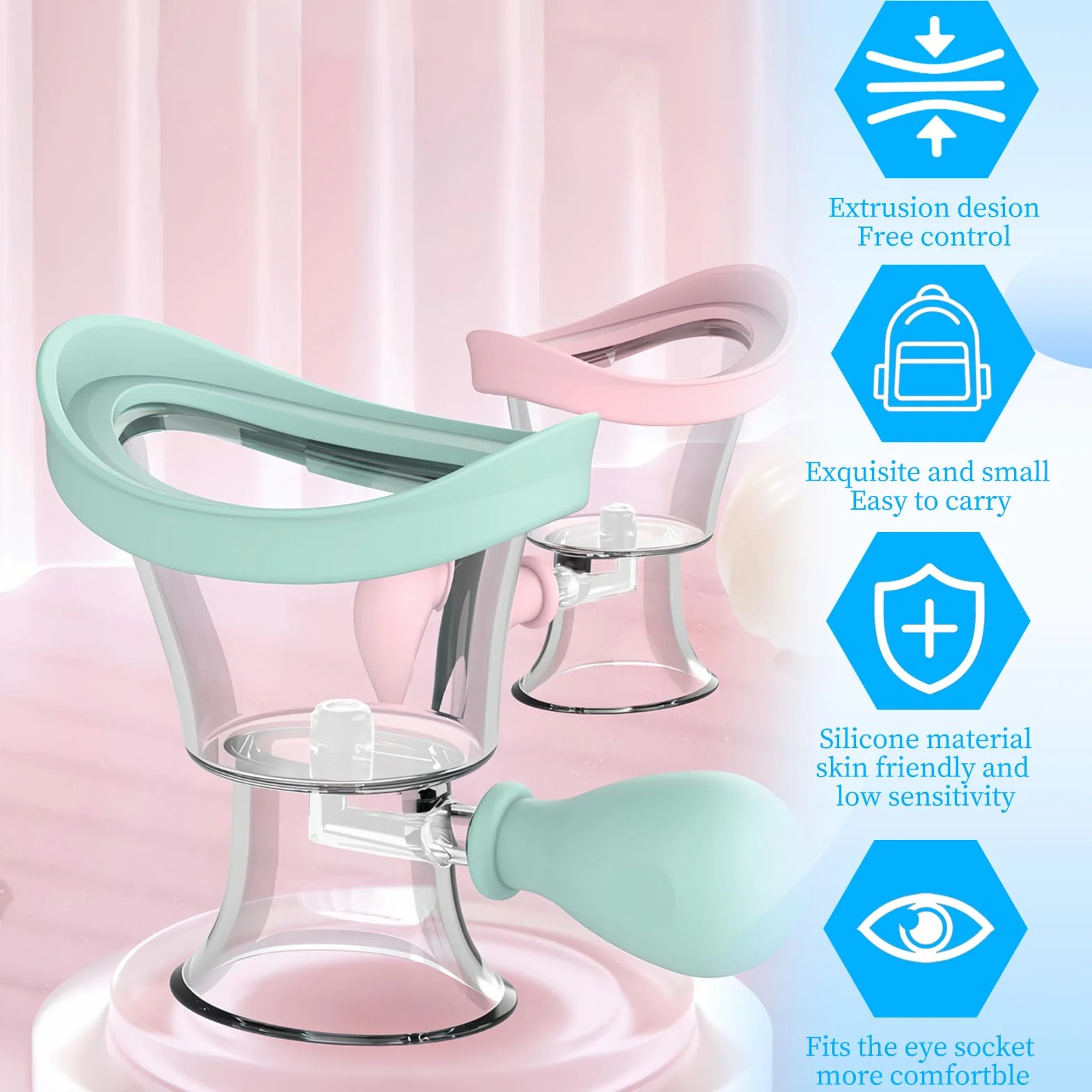 Tazas de Ojos Reutilizables Portátiles, Vasos Lavaojos de Silicona, Baño Lavaojos Manual Presión de Aire, (Azul, Rosa)
