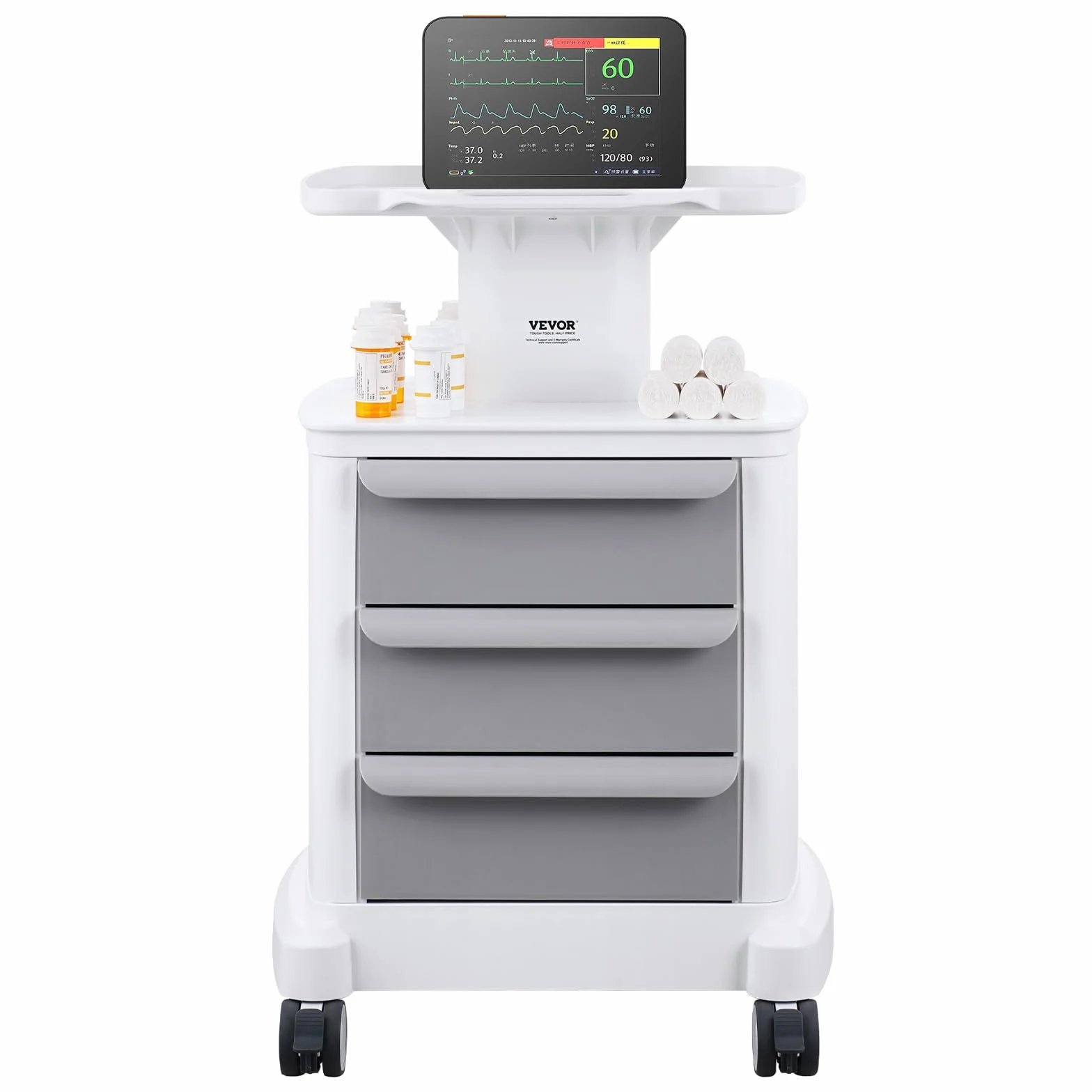 VEVOR Carro Médico 4 Niveles con 3 Cajones, Bandeja Superior, Ruedas Silenciosas, ABS, Blanco