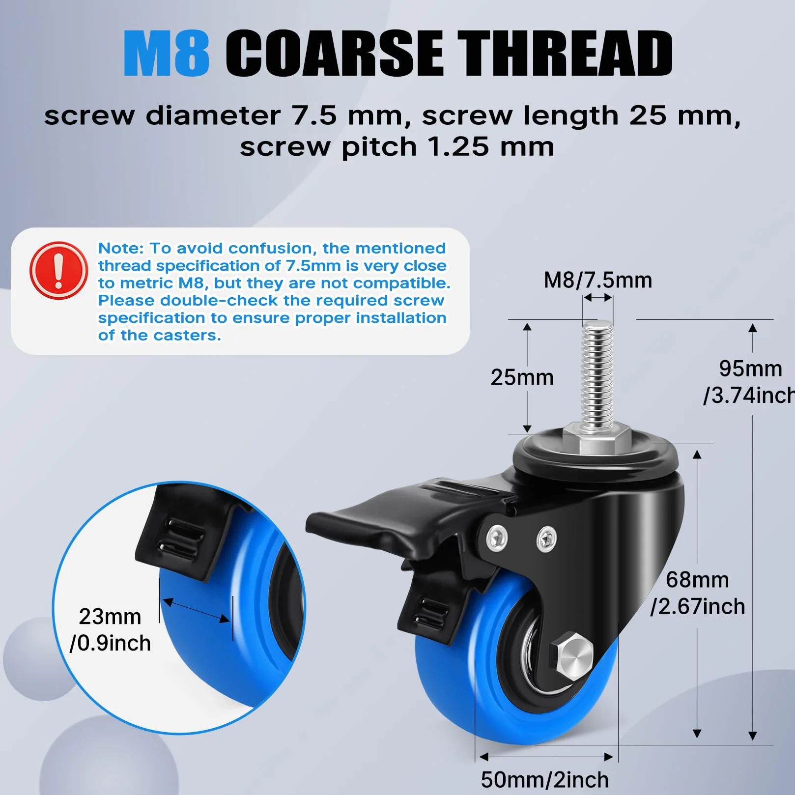 Ruedas para Muebles Pesados 50mm con Vástago Roscado M8 x 1,25x 25mm, Giratorias Carga 270KG, 360° Pivotantes con Freno, Juego de 4