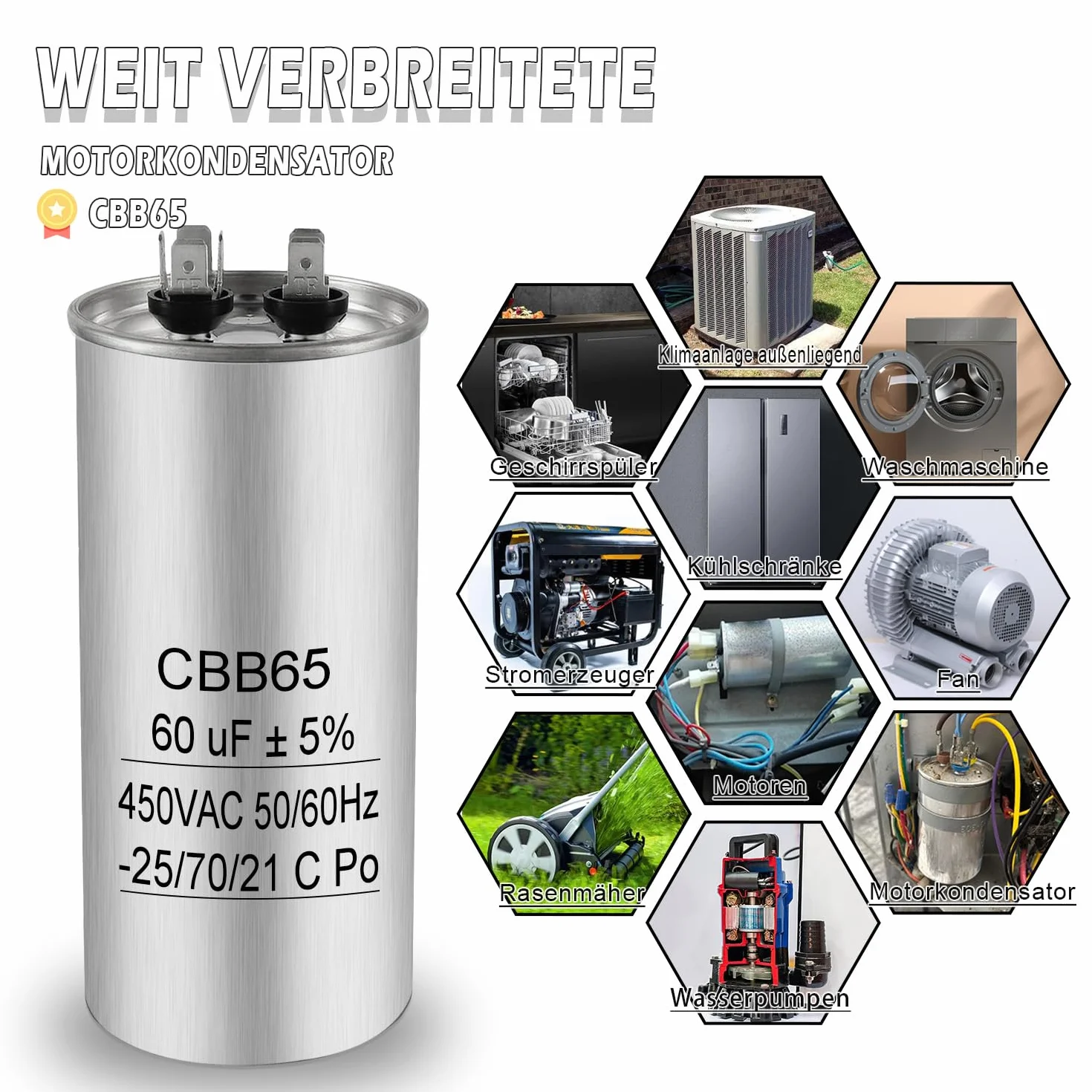 Iruihoo 60uF CBB65 Condensador de motor 450V CA 50/60Hz, 60µF arranque funcionamiento carcasa metálica