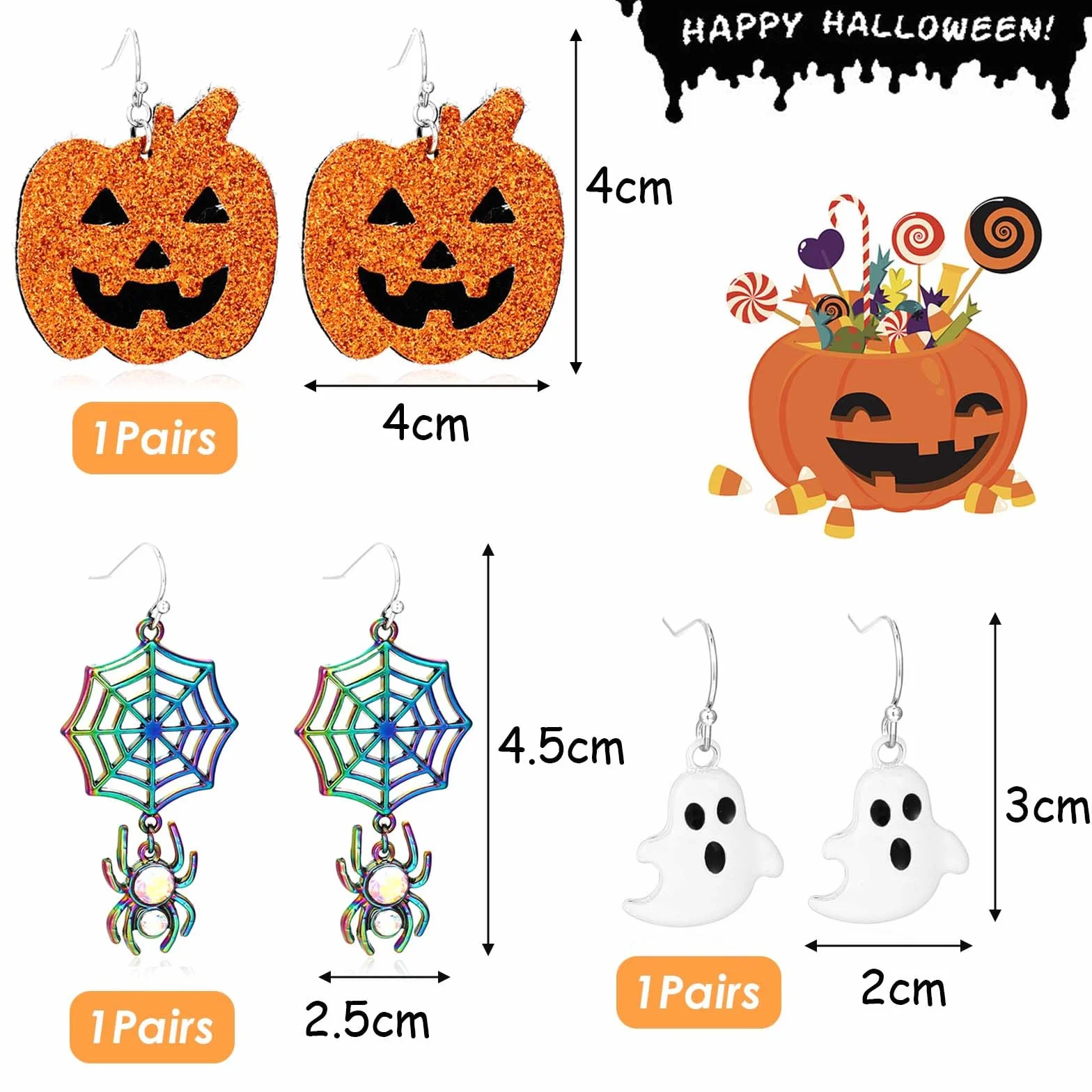 3 Pares Pendientes Halloween, Halloween Calabaza Fantasma Araña Pendientes para Mujeres, Accesorios Vampiro Mujer, Novedosas para Regalos, Decoración de Brujas