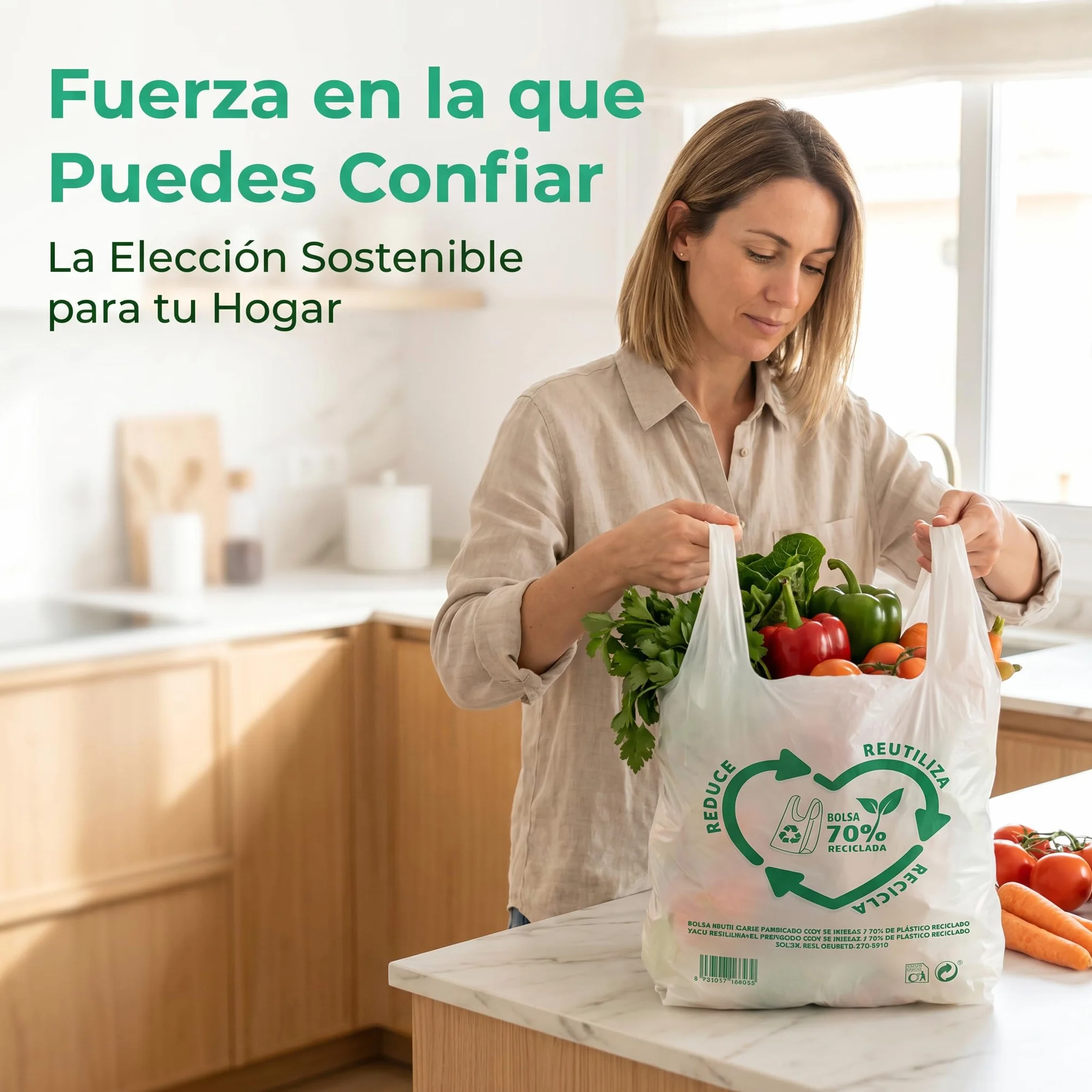 Bolsas de Plástico Asa Camiseta Blanco 50x60 cm 100 Unidades Reutilizables Resistentes 50 Micras 70% Reciclado Aptas Alimentación