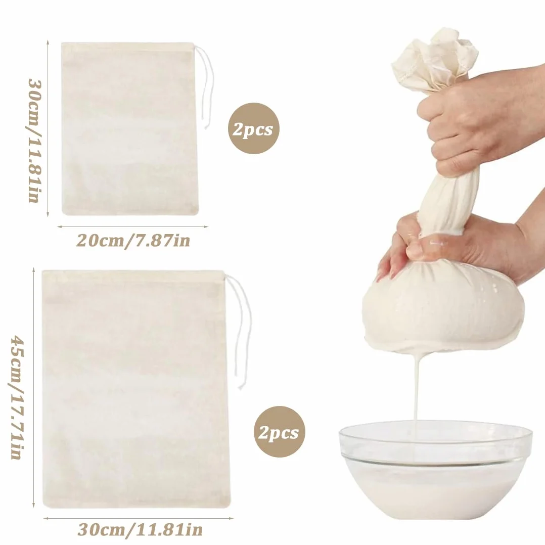 Bolsas de Leche de Nuez Reutilizables 100% Algodón 4 Piezas 20x30 30x45 cm