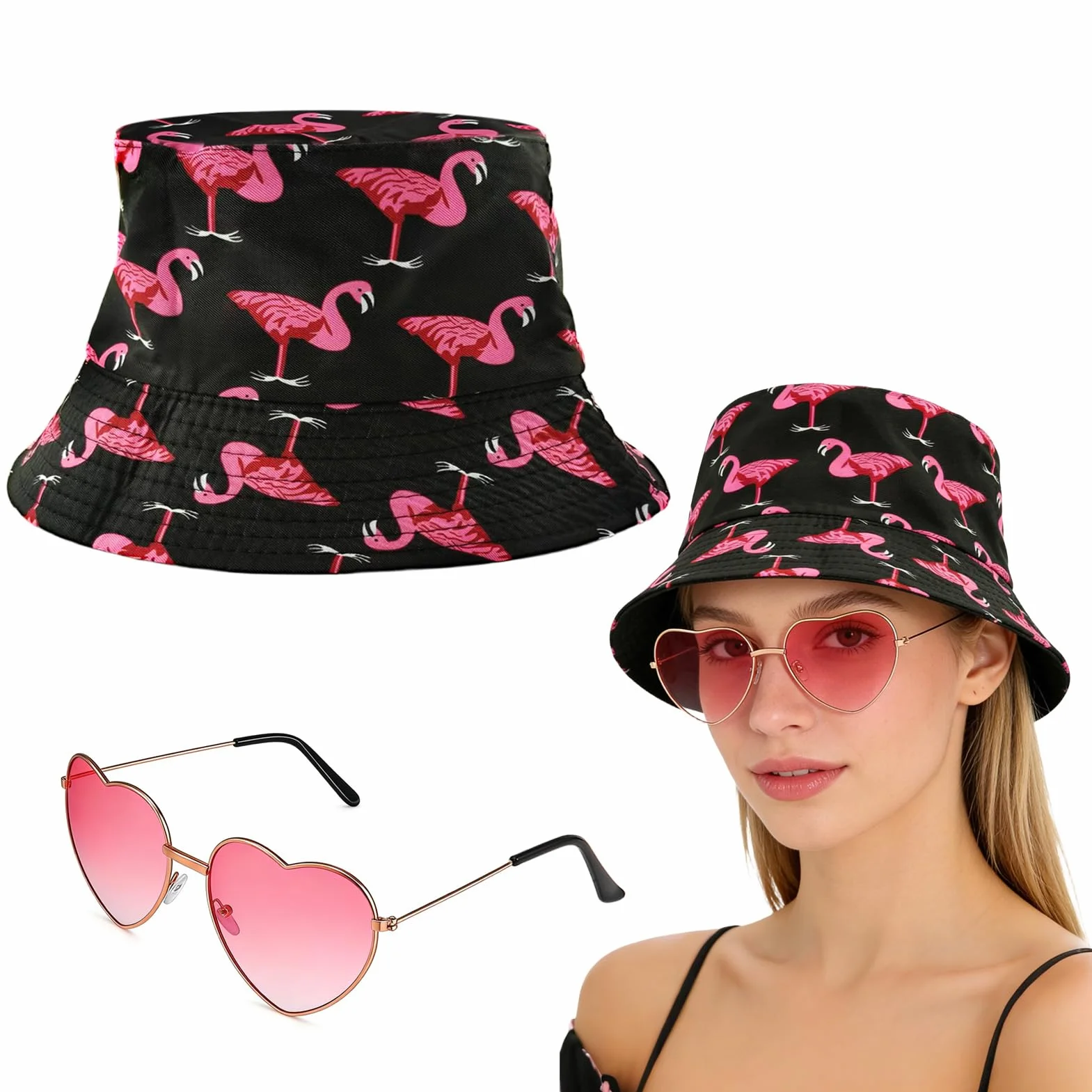 Sombrero de Pescador Flamenco, Sombrero del Pescador Mujer con Gafas de Sol Corazón, Sombreros para El Sol de Pesca, Protección UV Sombreros, Ropa y Accesorios De Moda