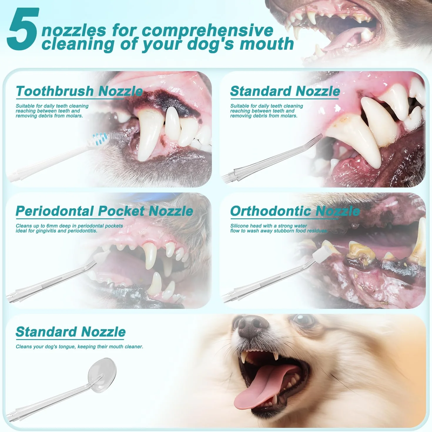Irrigador Dental para Mascotas IPX7 300 ml 6 Boquillas 4 Modos Limpiador Eléctrico