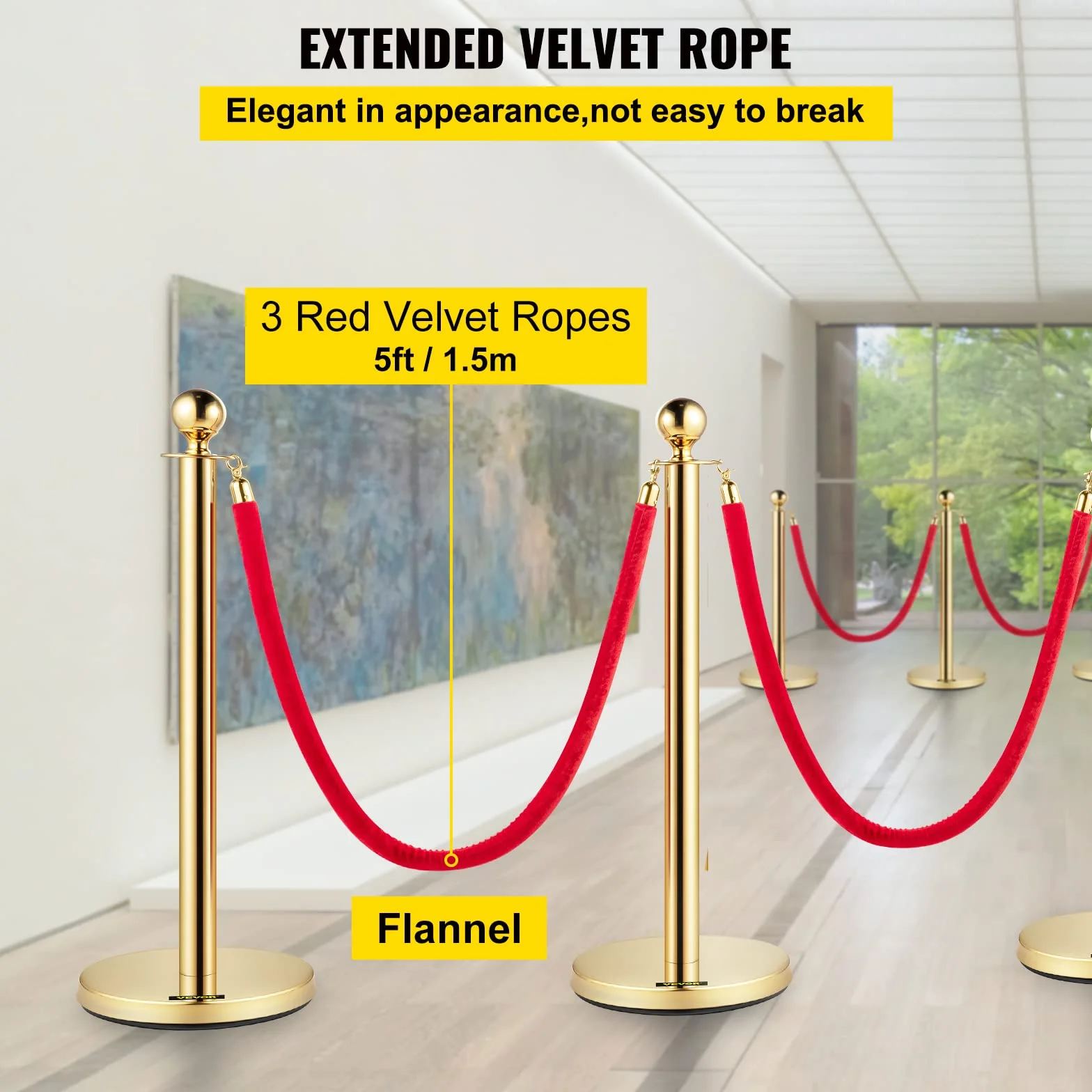 VEVOR Poste Separador de Cinta Extensible 4 Juegos Barreras de Seguridad 3 Cuerdas 1.5m Dorado