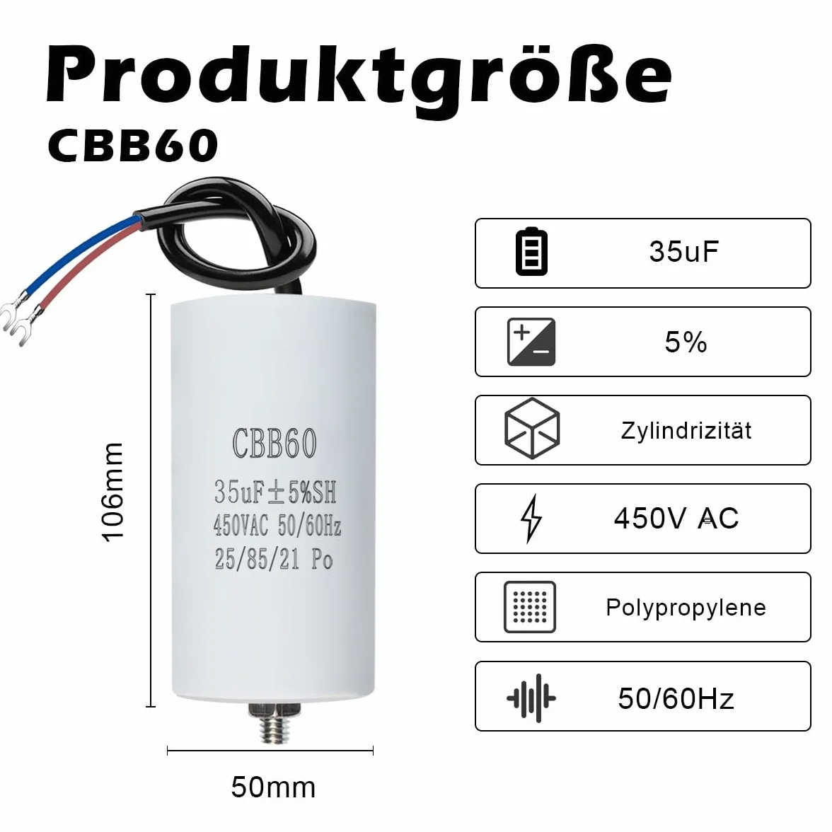 ANGEEK CBB60 450V 35µF 50/60Hz Condensador de arranque para motor 50x106mm
