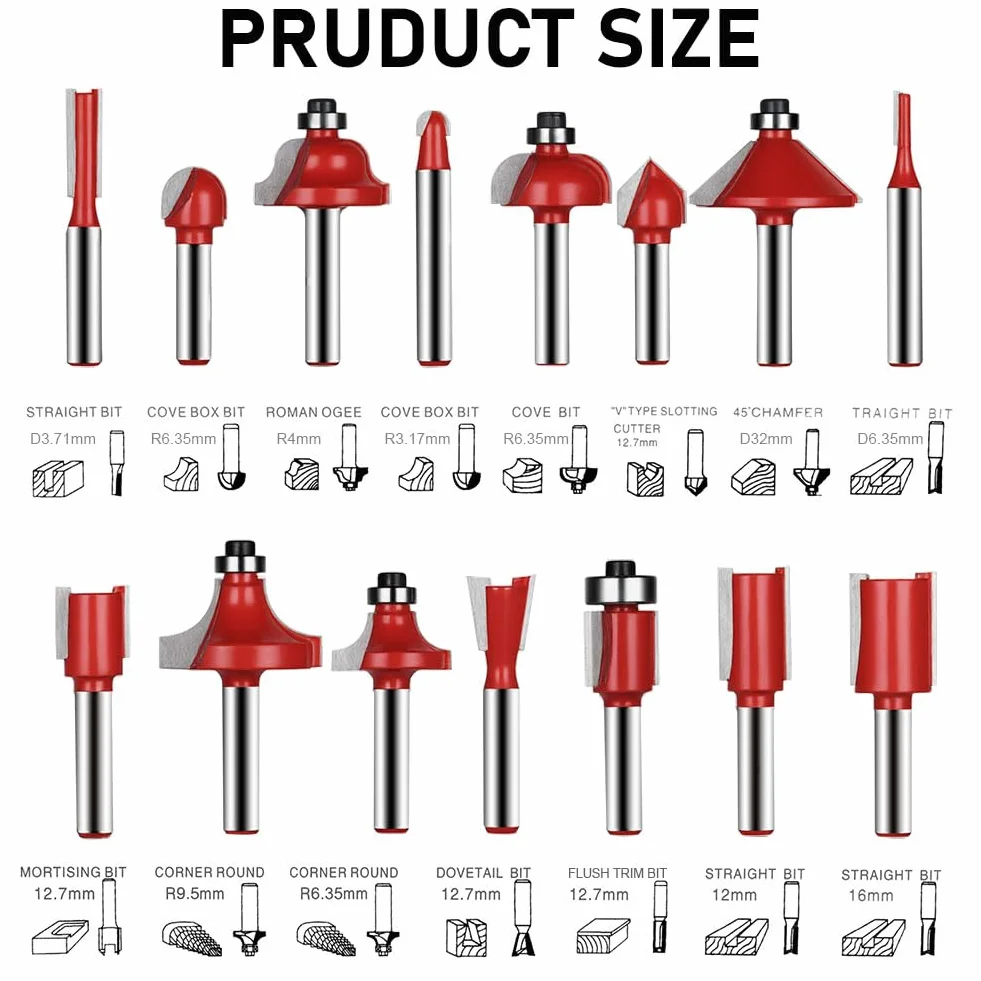 flintronic Fresas Set 15 PCS Cortadores Madera Diámetro Caña Herramienta Fresado Kit Carpintería Caja Madera 6.35mm