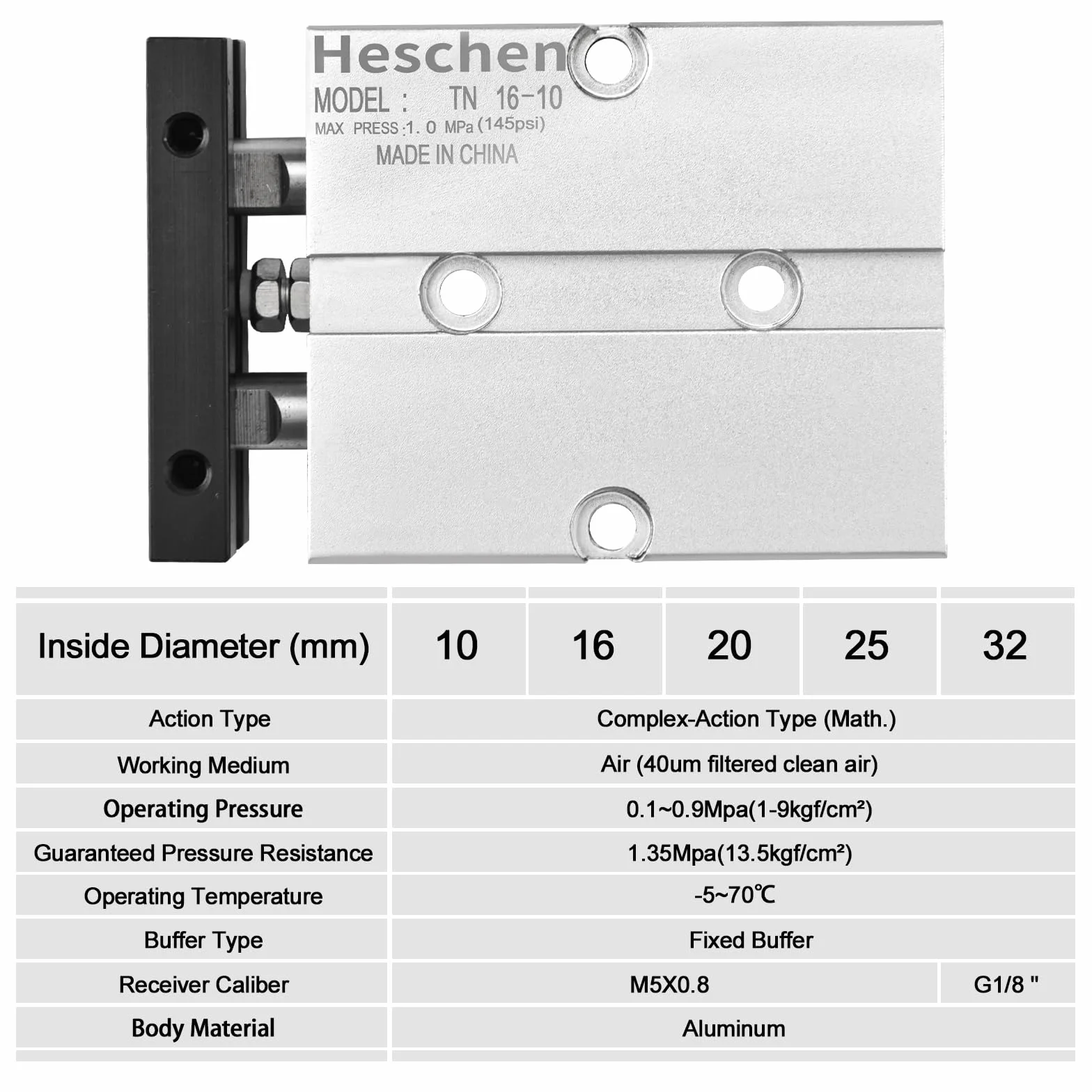 Heschen Cilindro neumático TN16-10 TDA16-10 doble efecto aluminio 16 mm 10 mm imán