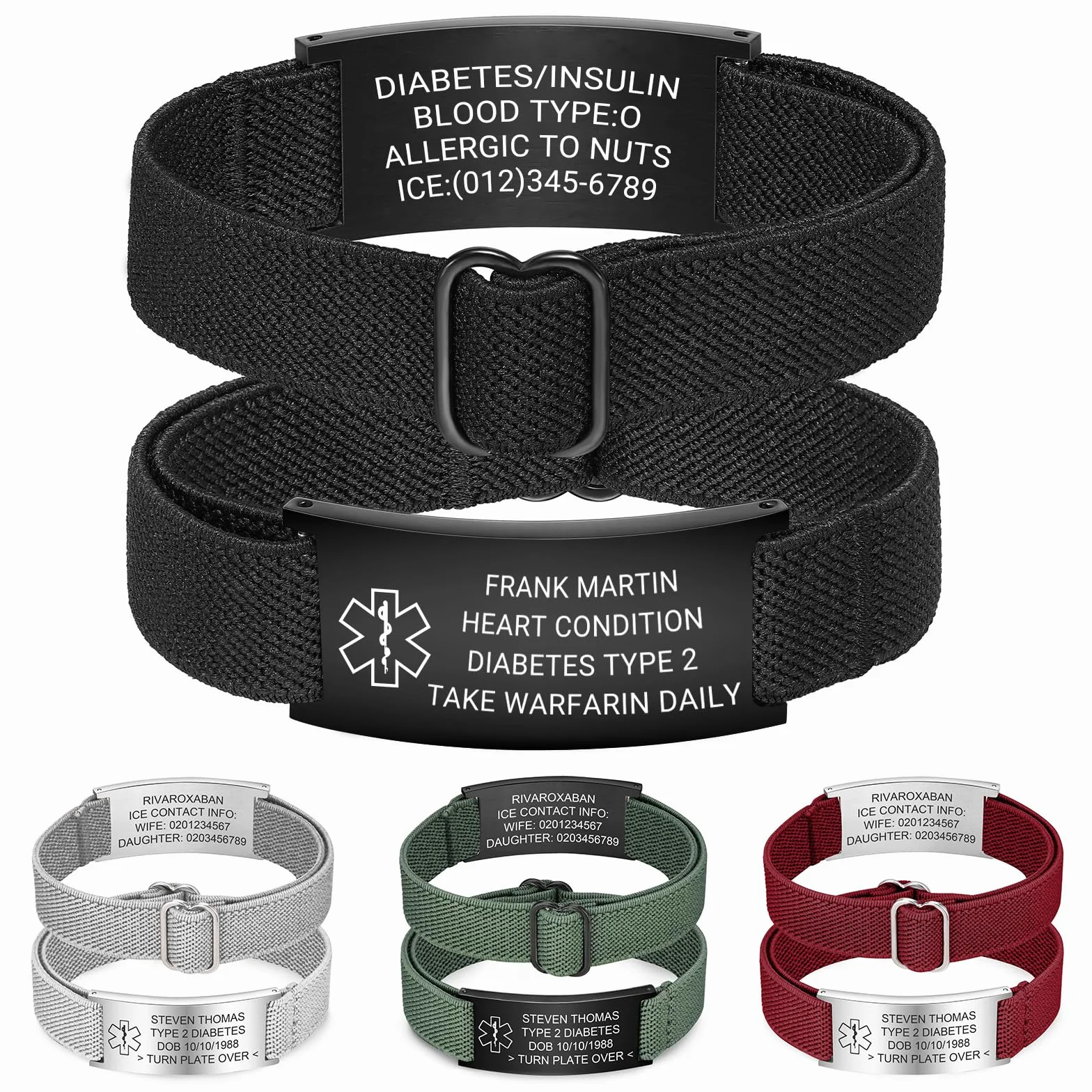 Pulsera de alerta médica personalizada de acero inoxidable grabada con correa elástica para diabetes epilepsia